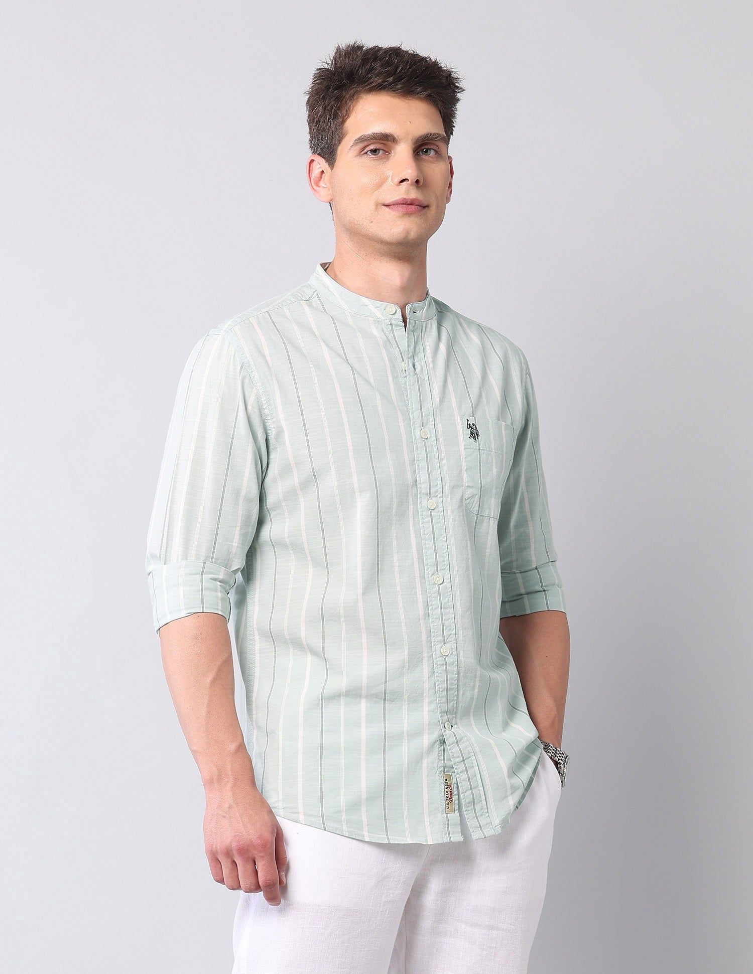 Vertical Striped Pure Cotton Shirt Light Green - U.S. Polo Assn. India | Large