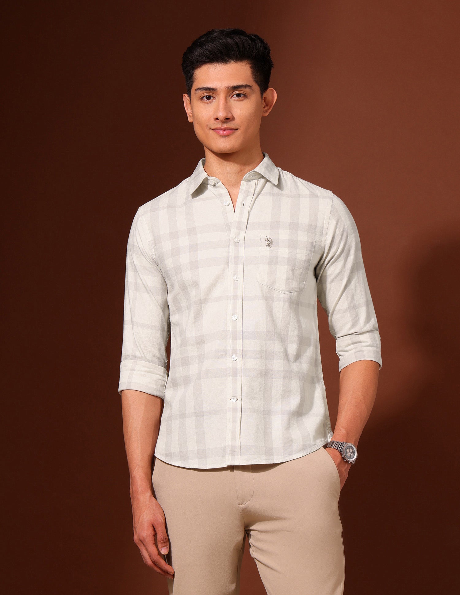 Grid Tattersall Checked Pure Cotton Shirt Khaki - U.S. Polo Assn. India | Large