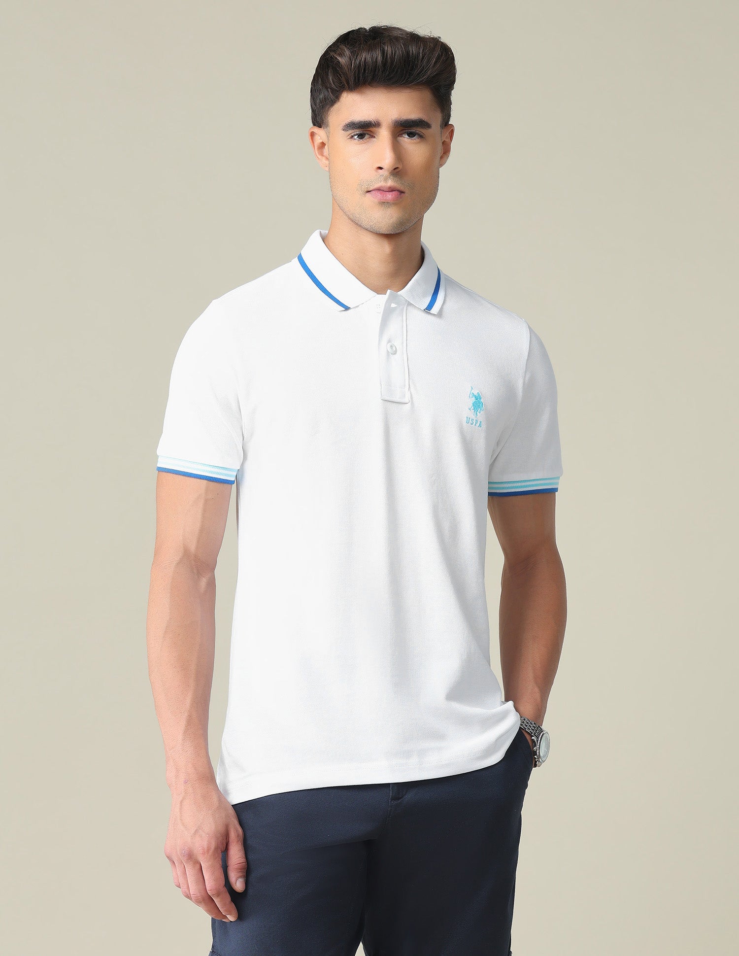 Striped Hem Cotton Polo Shirt