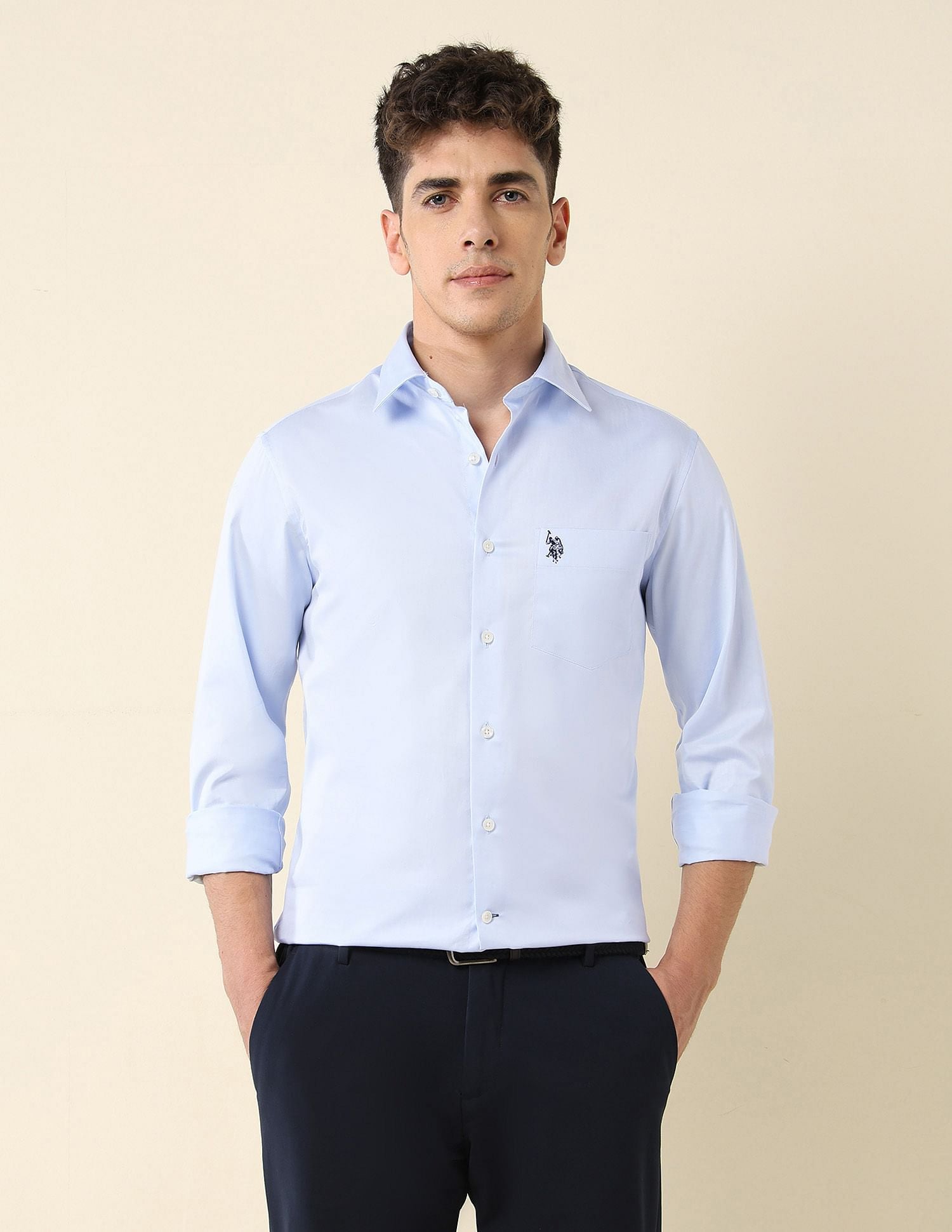 Tailored Fit Satin Shirt Light Blue - U.S. Polo Assn. India | Large