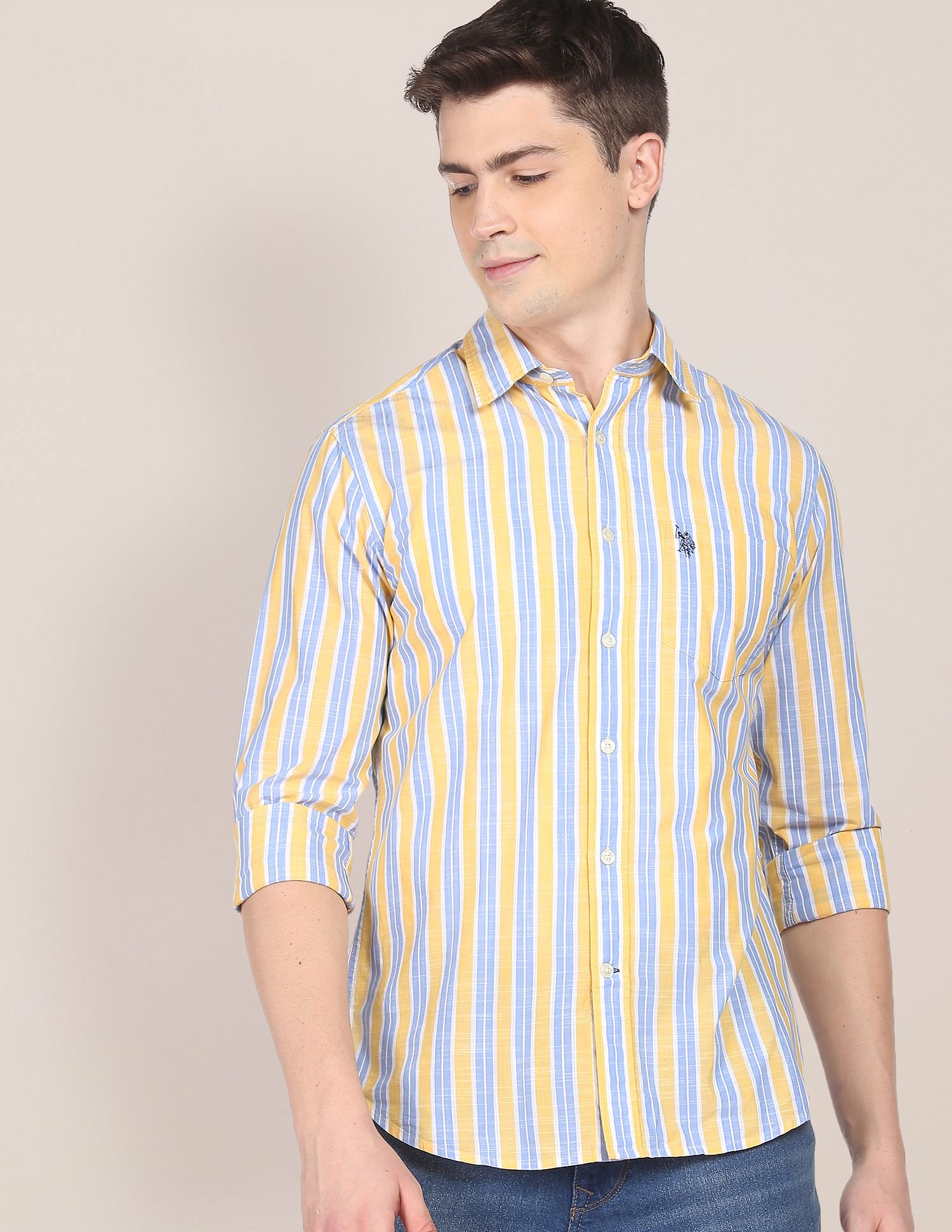 Men Yellow And Blue Vertical Stripe Cotton Casual Shirt Yellow and Blue - U.S. Polo Assn. India | Large
