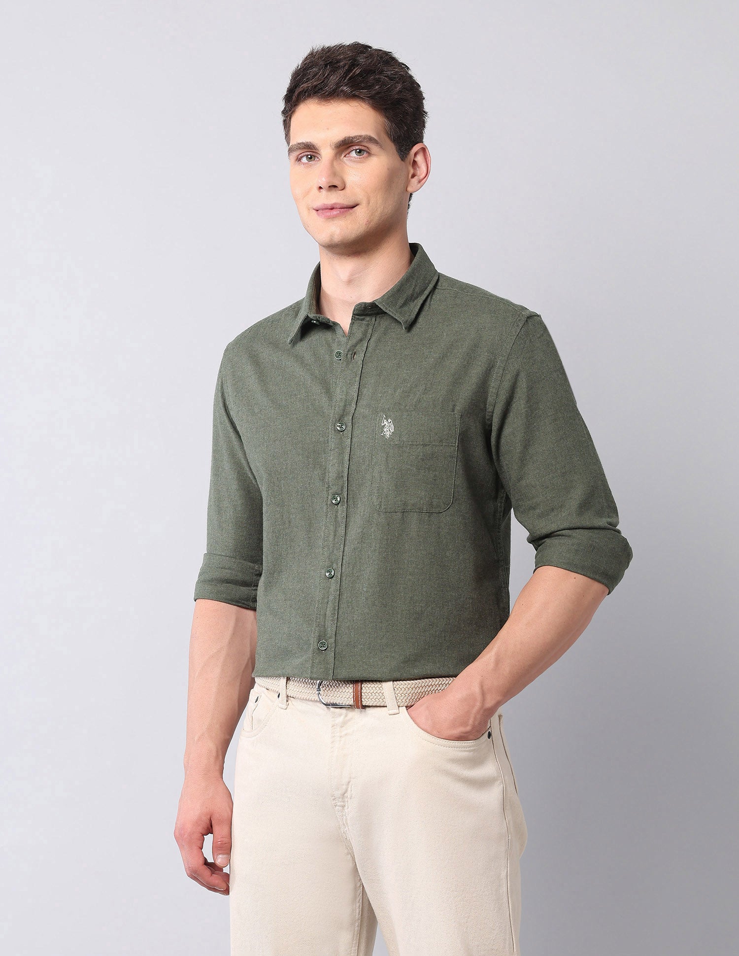 Regular Fit Pure Cotton Shirt Olive - U.S. Polo Assn. India | Large