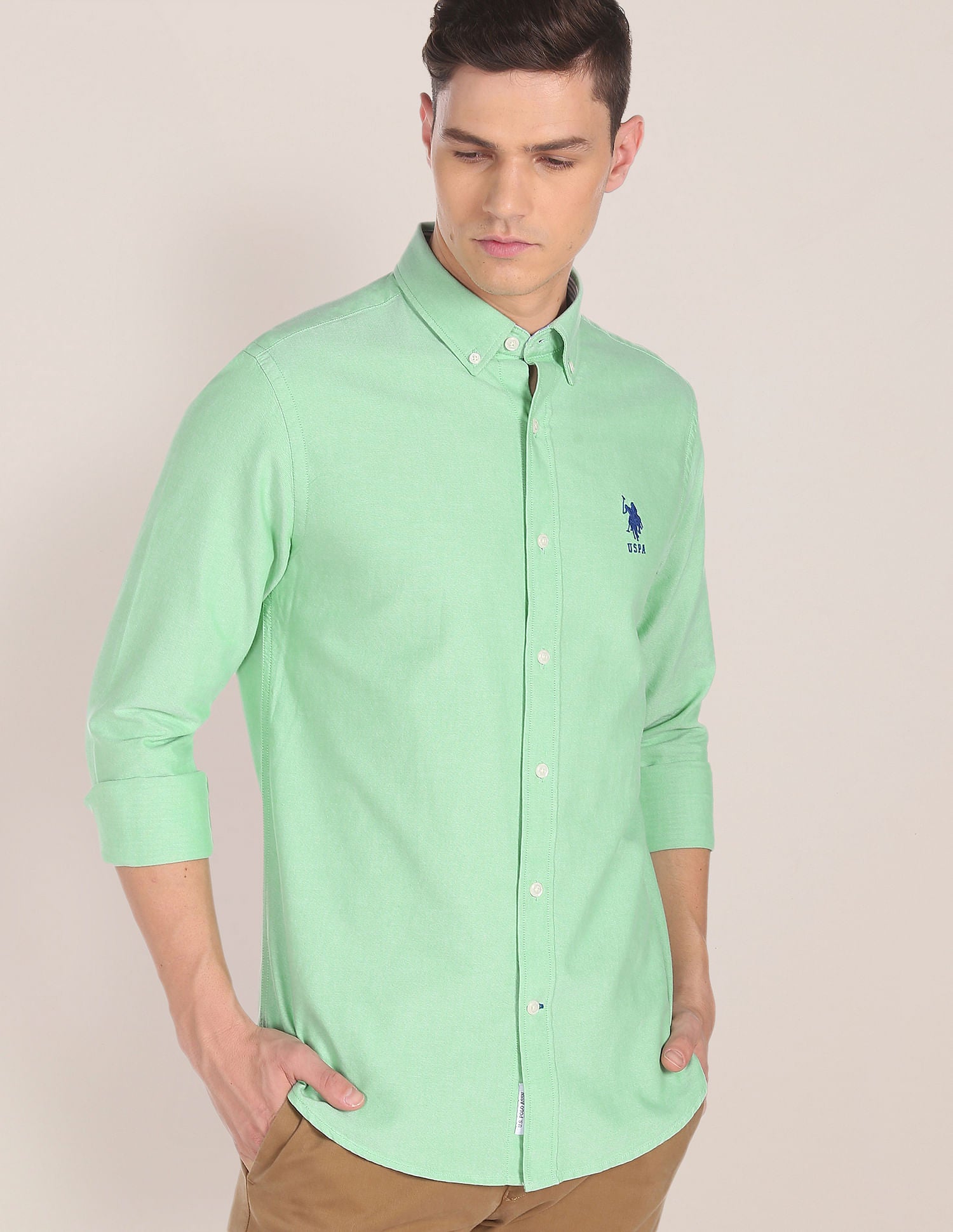 Button Down Collar Solid Casual Shirt Green - U.S. POLO ASSN. | Large
