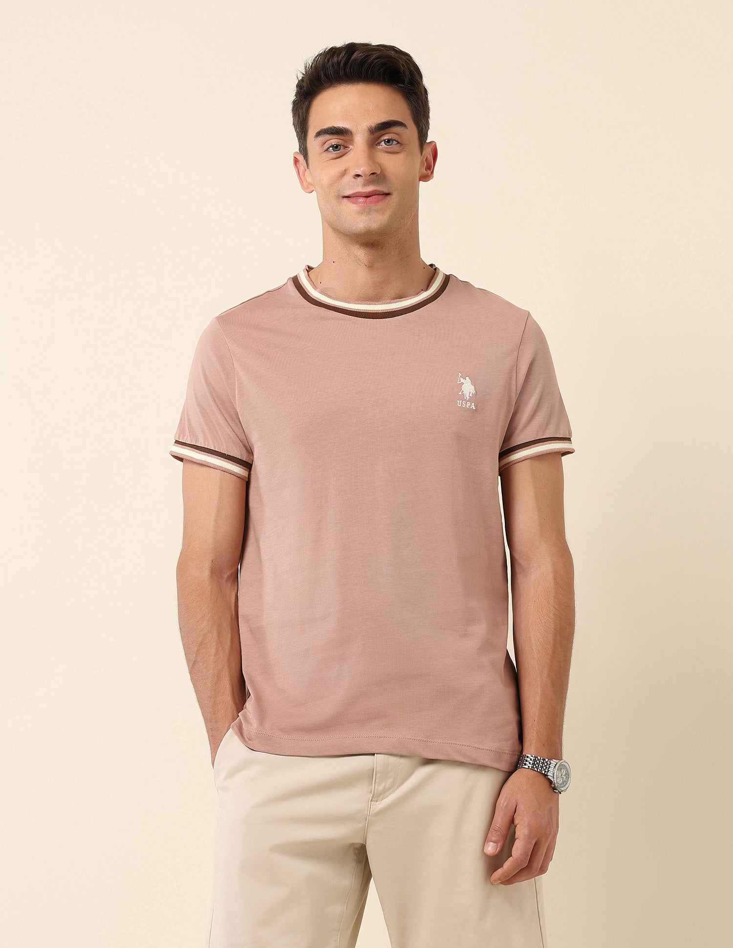 Pure Cotton Slim Fit T- Shirt Light Brown - U.S. Polo Assn. India | Large