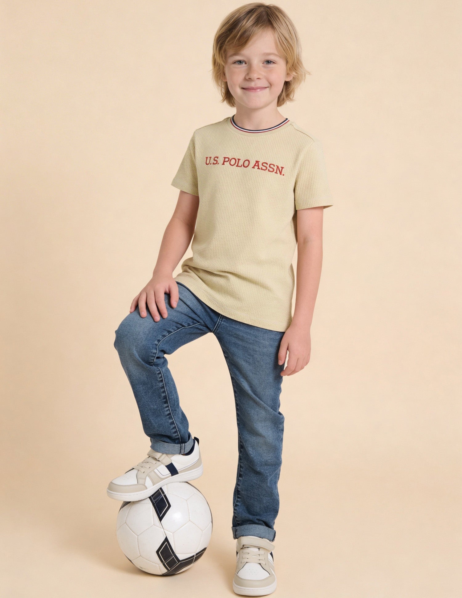 Textured With Brand Embroidered Regular Fit T-Shirt Beige - U.S. Polo Assn. India | Large