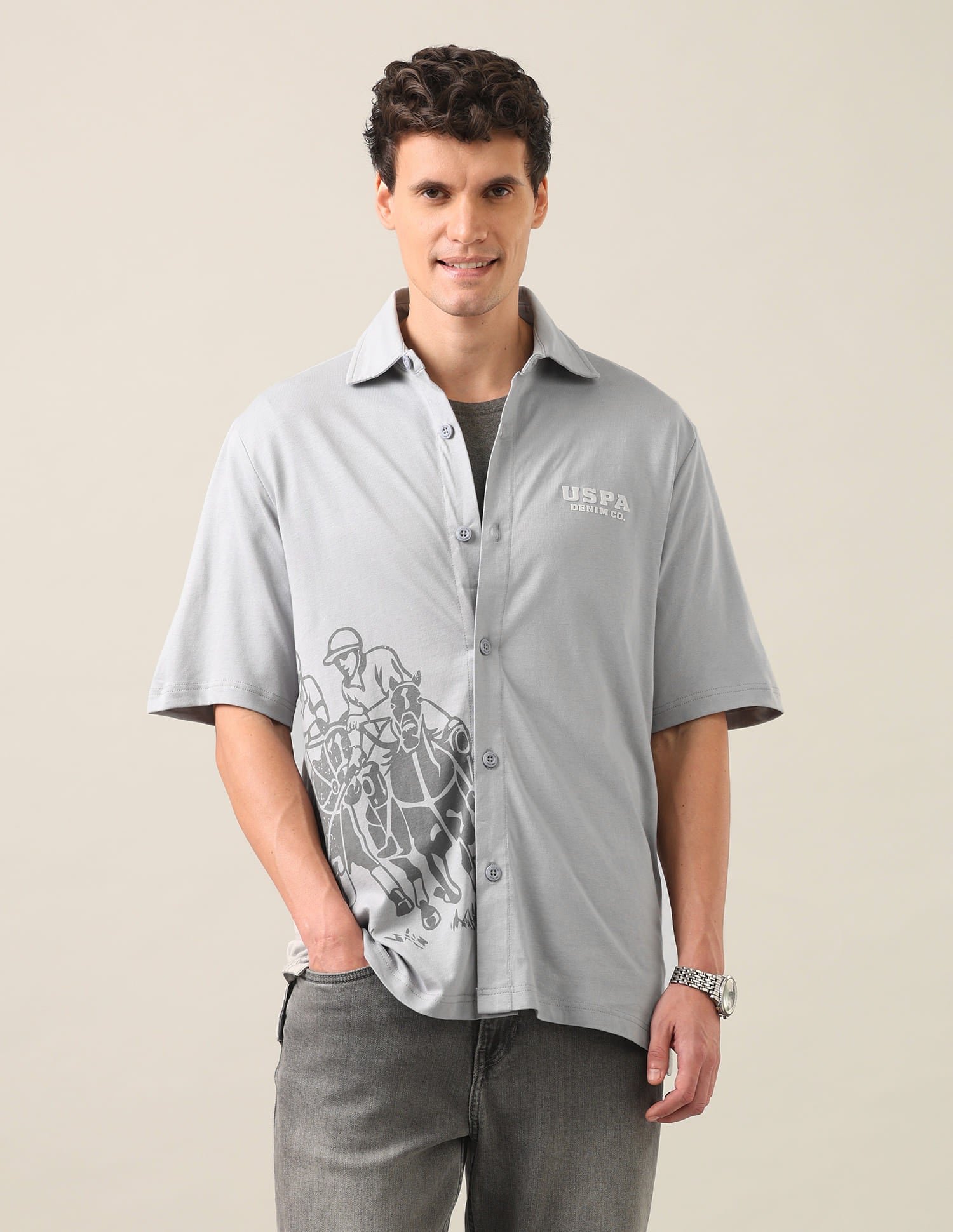 Graphic Brand Printed Knitted Shirt Grey - U.S. Polo Assn. India | Large