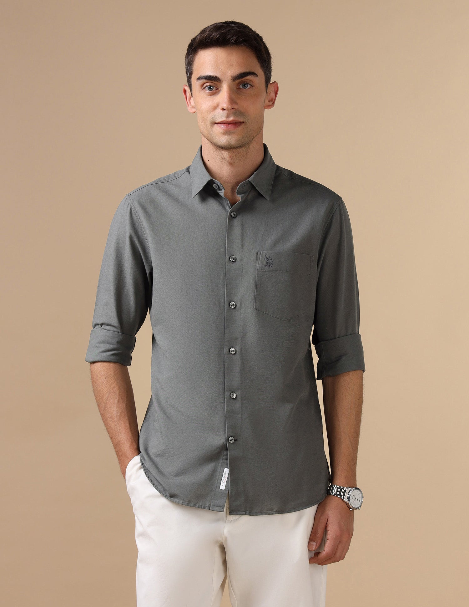 Pure Cotton Tailored Fit Shirt Grey - U.S. Polo Assn. India | Large