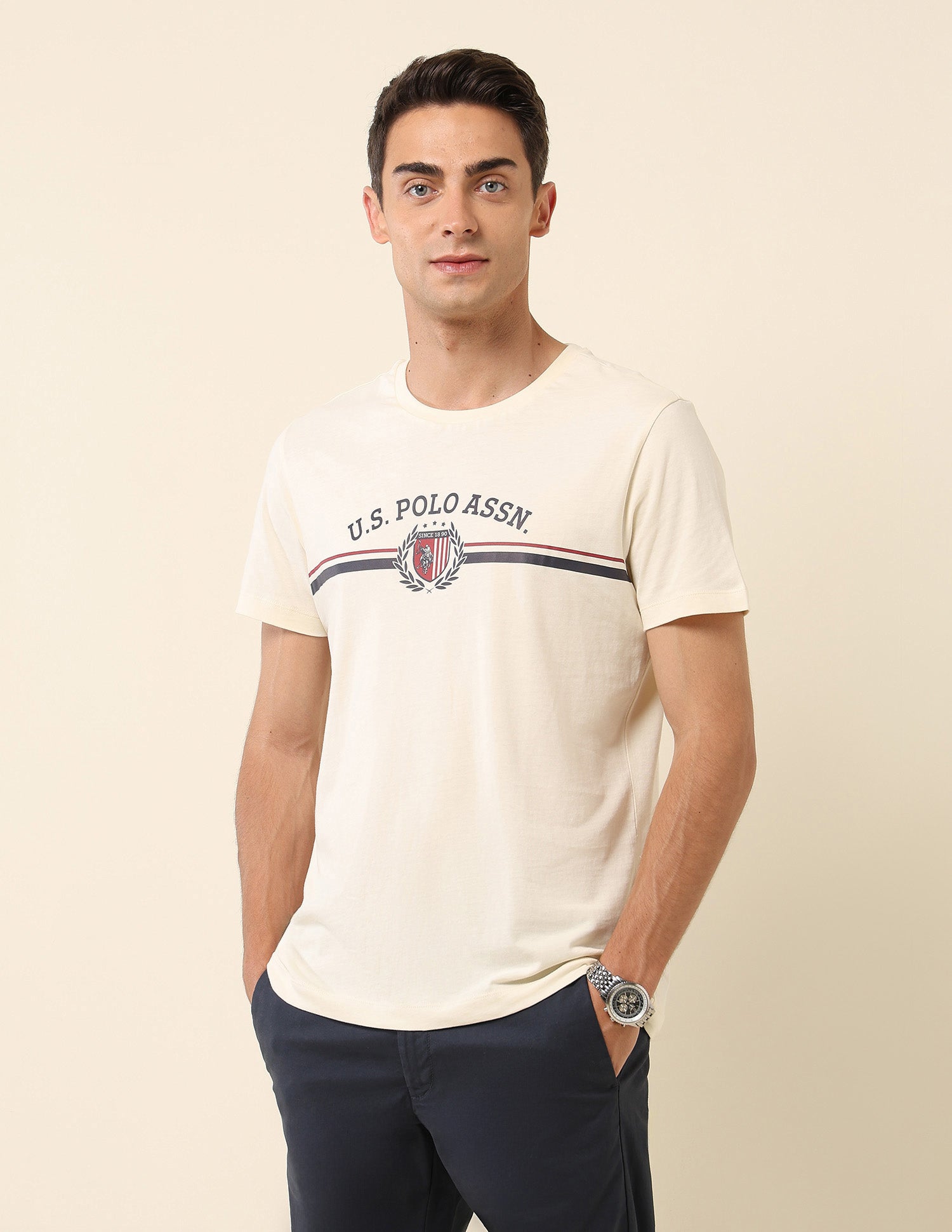 Slim Fit Brand Printed T-Shirt Off White - U.S. Polo Assn. India | Large