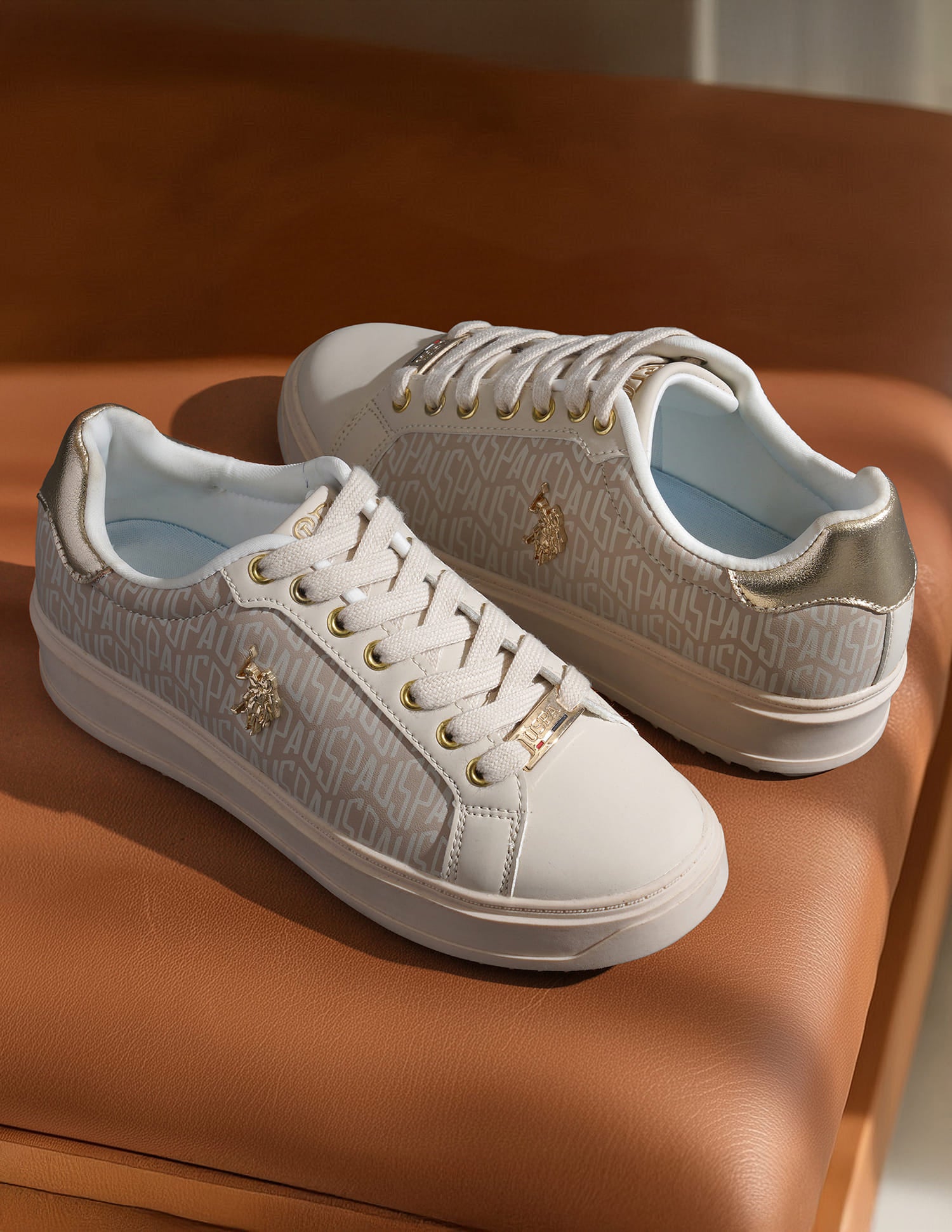 Round Toe Brand Printed Narcisa Sneakers Beige - U.S. Polo Assn. India | Large