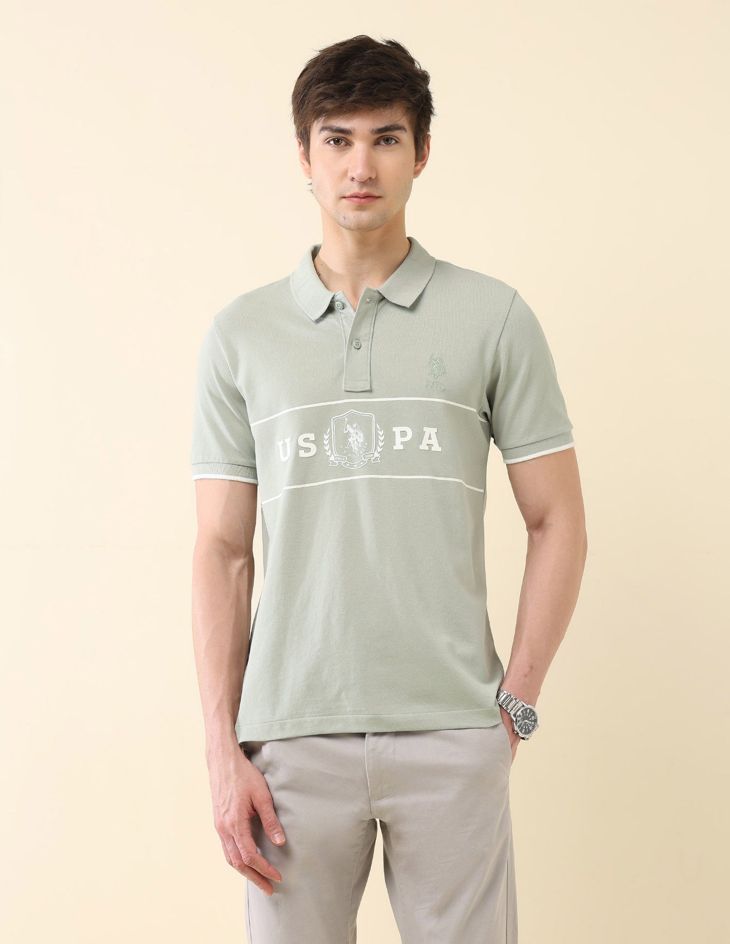 Brand Printed Slim Fit Classic Polo Shirt Light Green - U.S. Polo Assn. India | Large