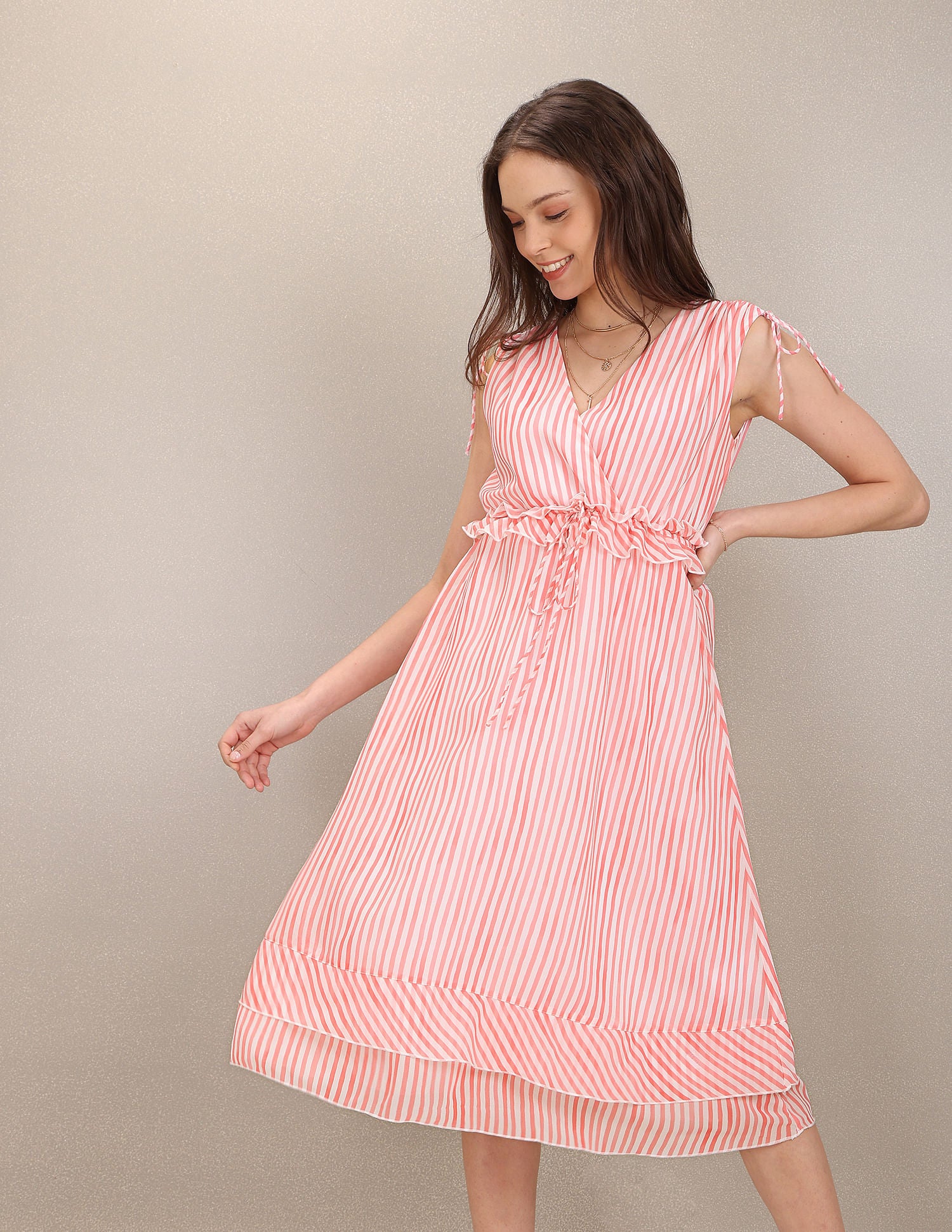 V-Neck Striped Midi Dress Peach and White - U.S. Polo Assn. India | Large