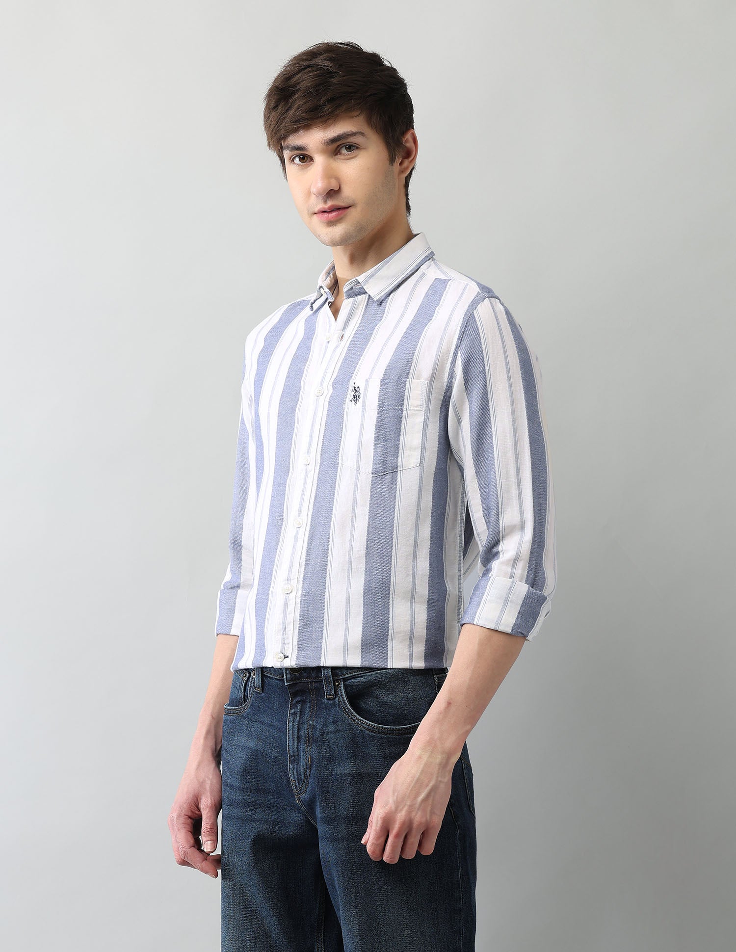 Vertical Striped Regular Fit Dobby Shirt Blue - U.S. Polo Assn. India | Large