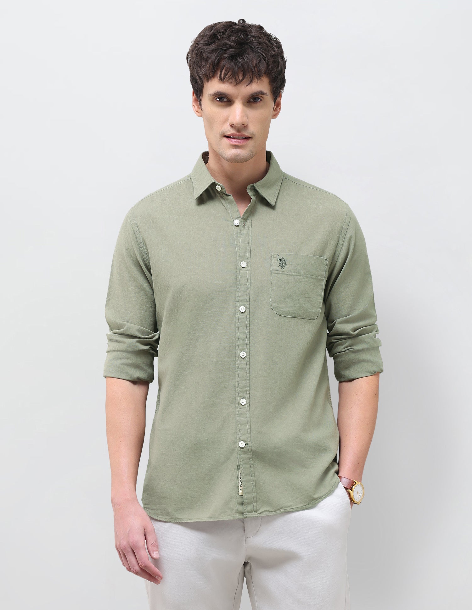 Solid Regular Fit Shirt Light Olive - U.S. Polo Assn. India | Large