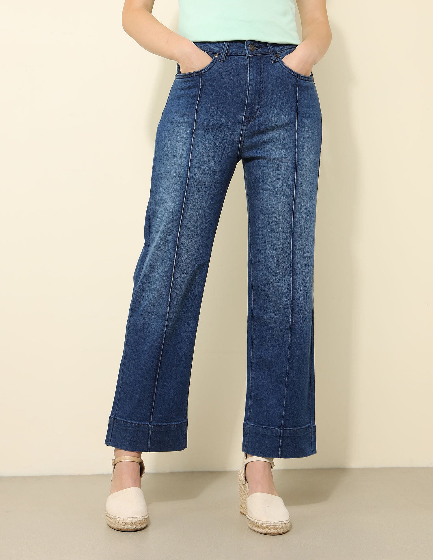 Pintucked High Rise Straight Fit Jeans
