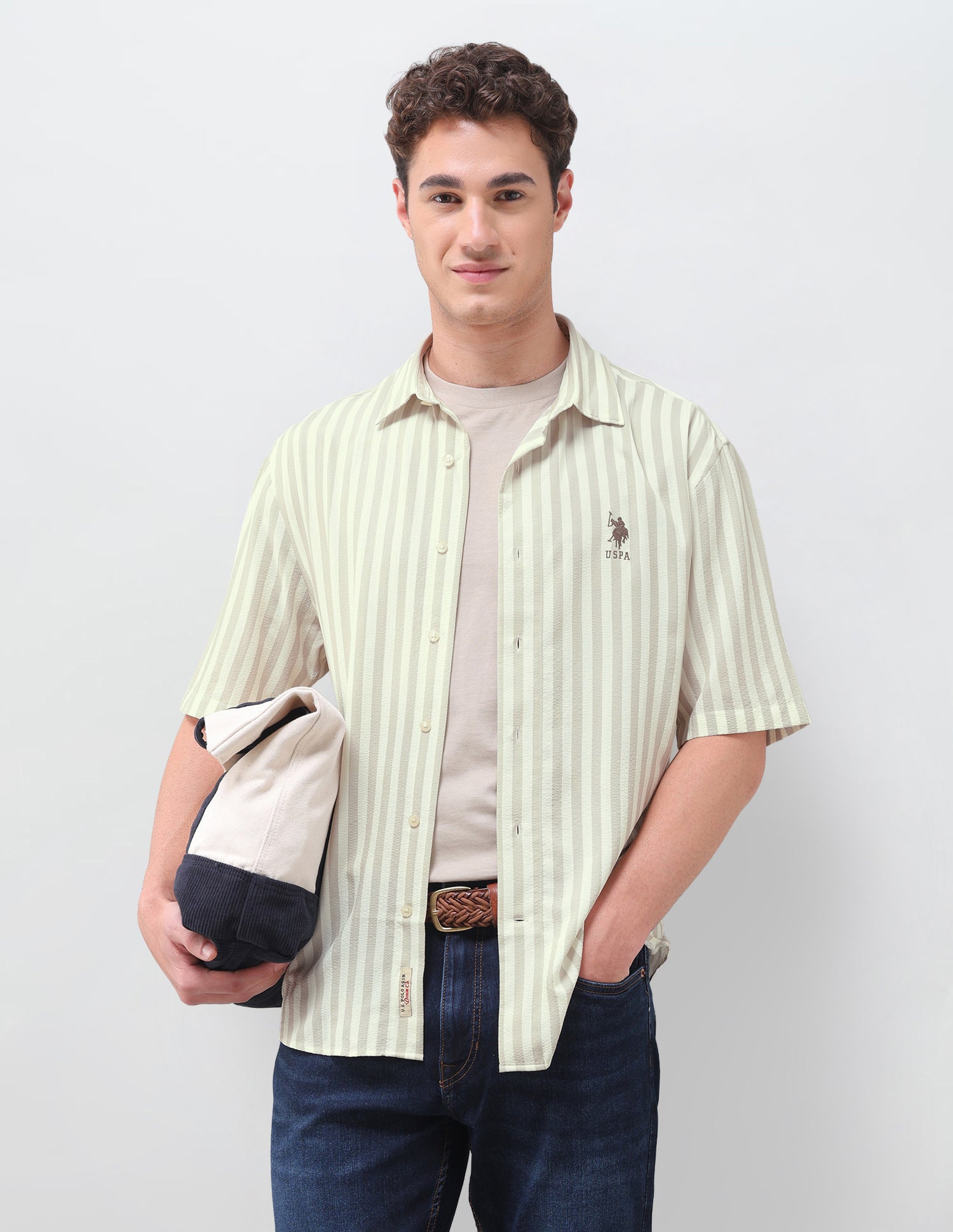 Vertical Striped Seersucker Weave Shirt Light Khaki - U.S. Polo Assn. India | Large