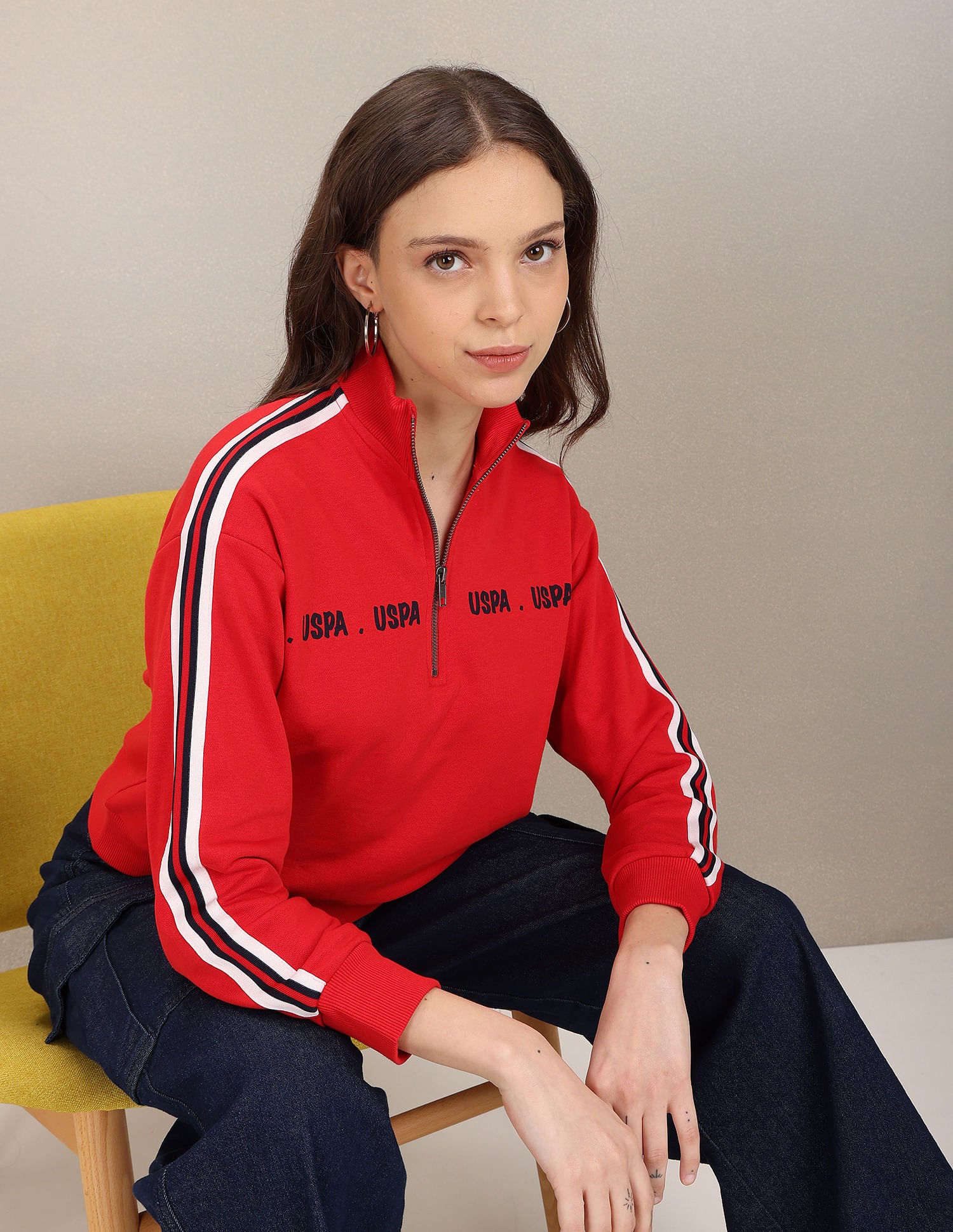High Neck Striped Sleeve Brand Print Sweatshirt Red - U.S. Polo Assn. India | Large
