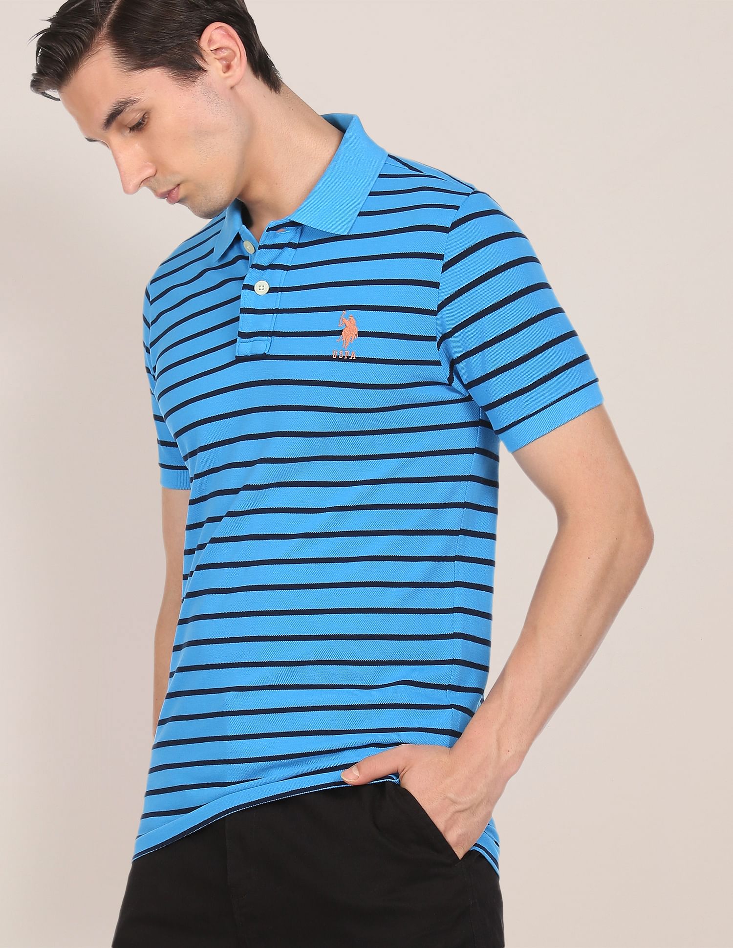 Ribbed Collar Striped Polo Shirt Blue - U.S. Polo Assn. India | Large