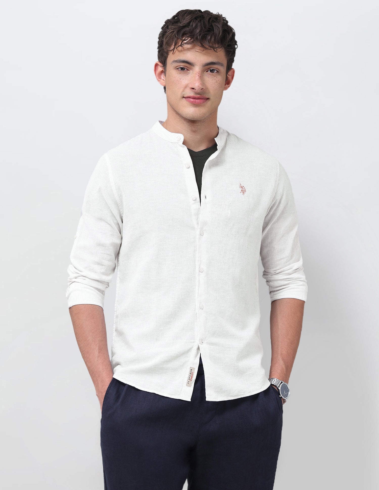 Vertical Striped Mandarin Shirt Beige - U.S. Polo Assn. India | Large