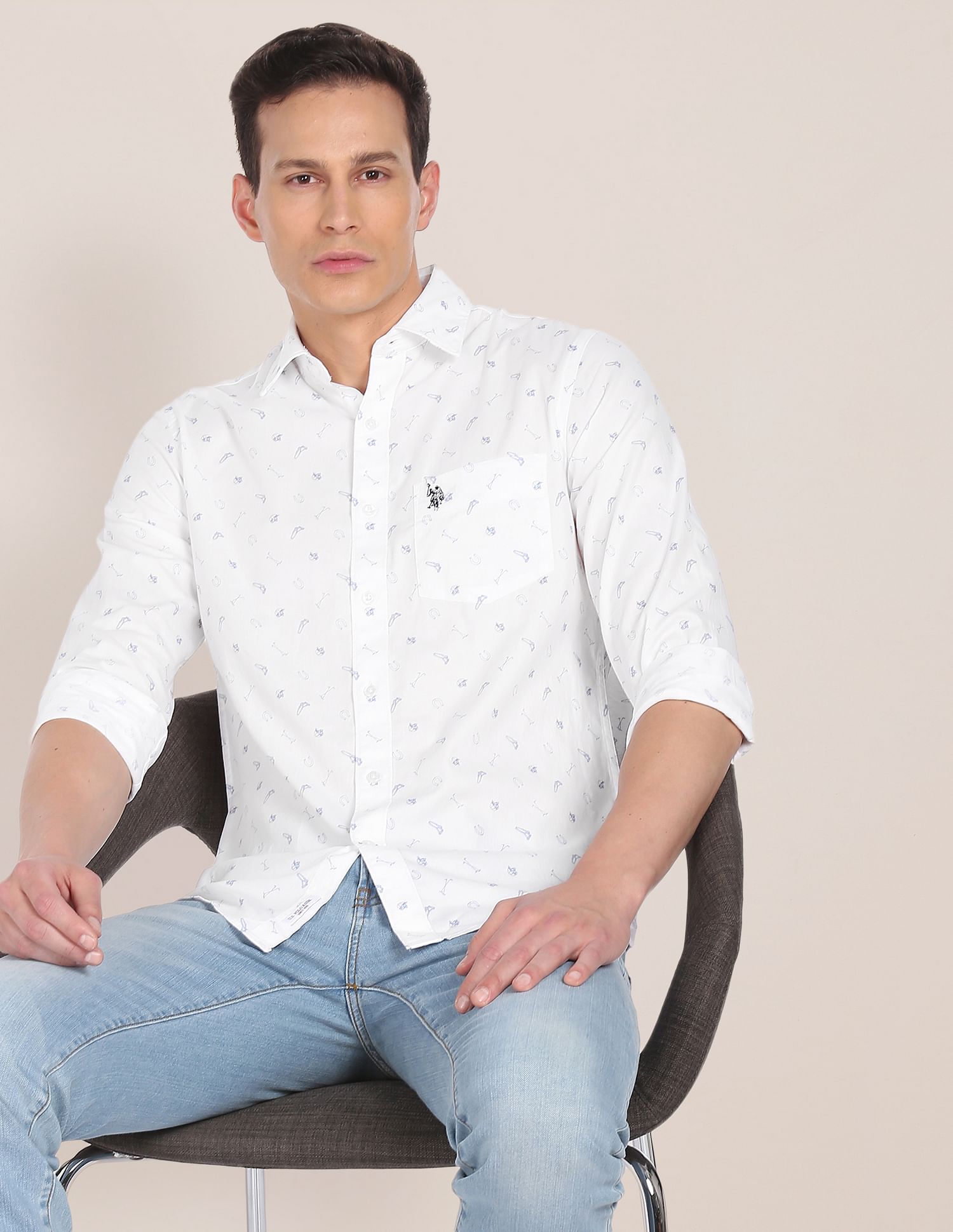 Men White Premium Cotton Printed Casual Shirt White - U.S. Polo Assn. India | Large