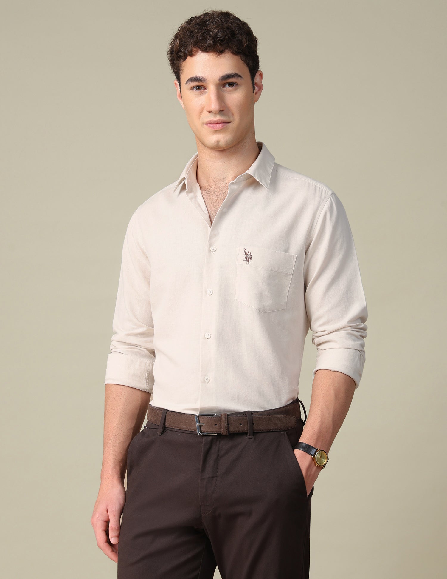 Solid Tailored Fit Shirt Beige - U.S. Polo Assn. India | Large