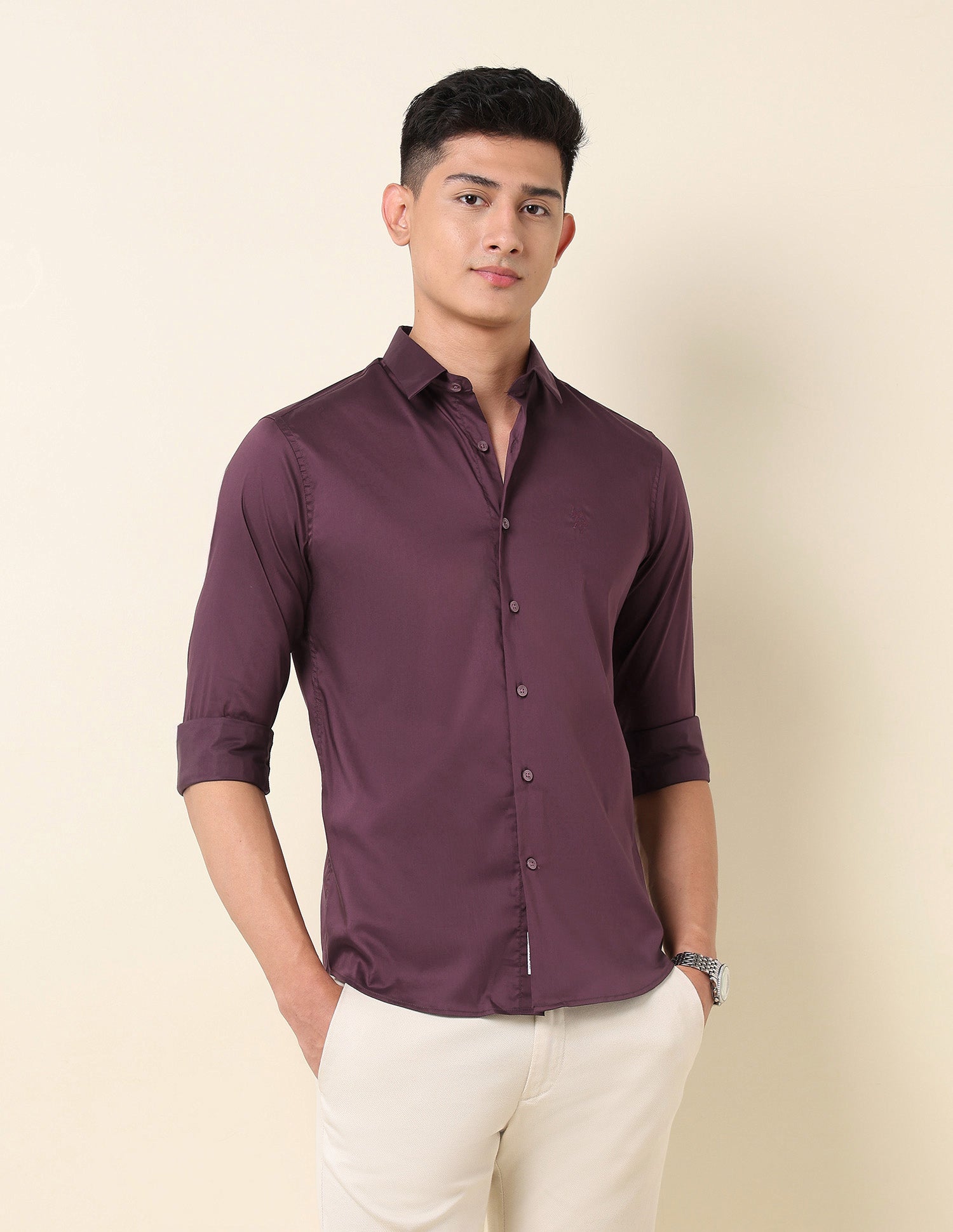 Tailored Fit Solid Shirt Burgundy - U.S. Polo Assn. India | Large
