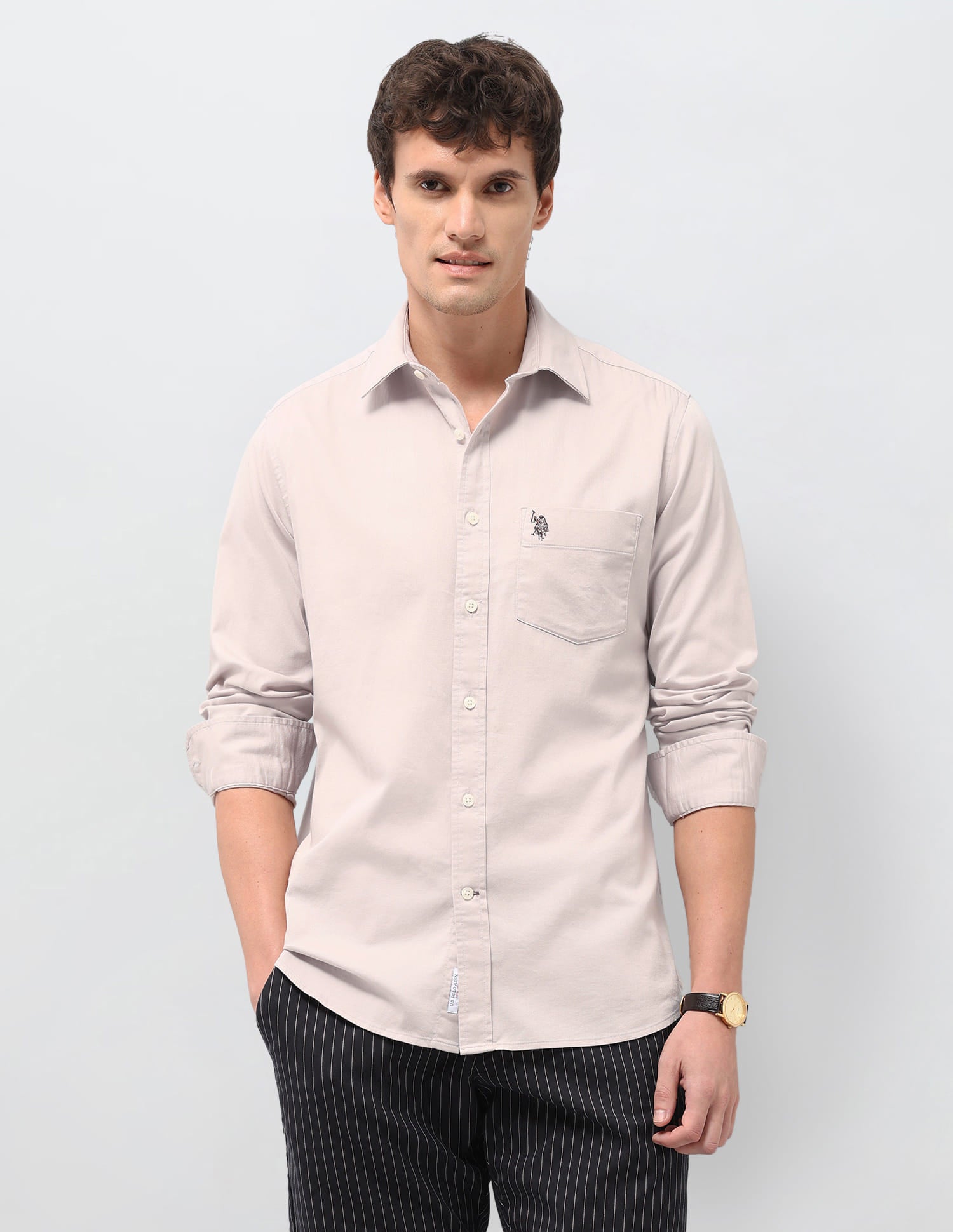 Solid Dobby Tailored Fit Shirt Beige - U.S. Polo Assn. India | Large