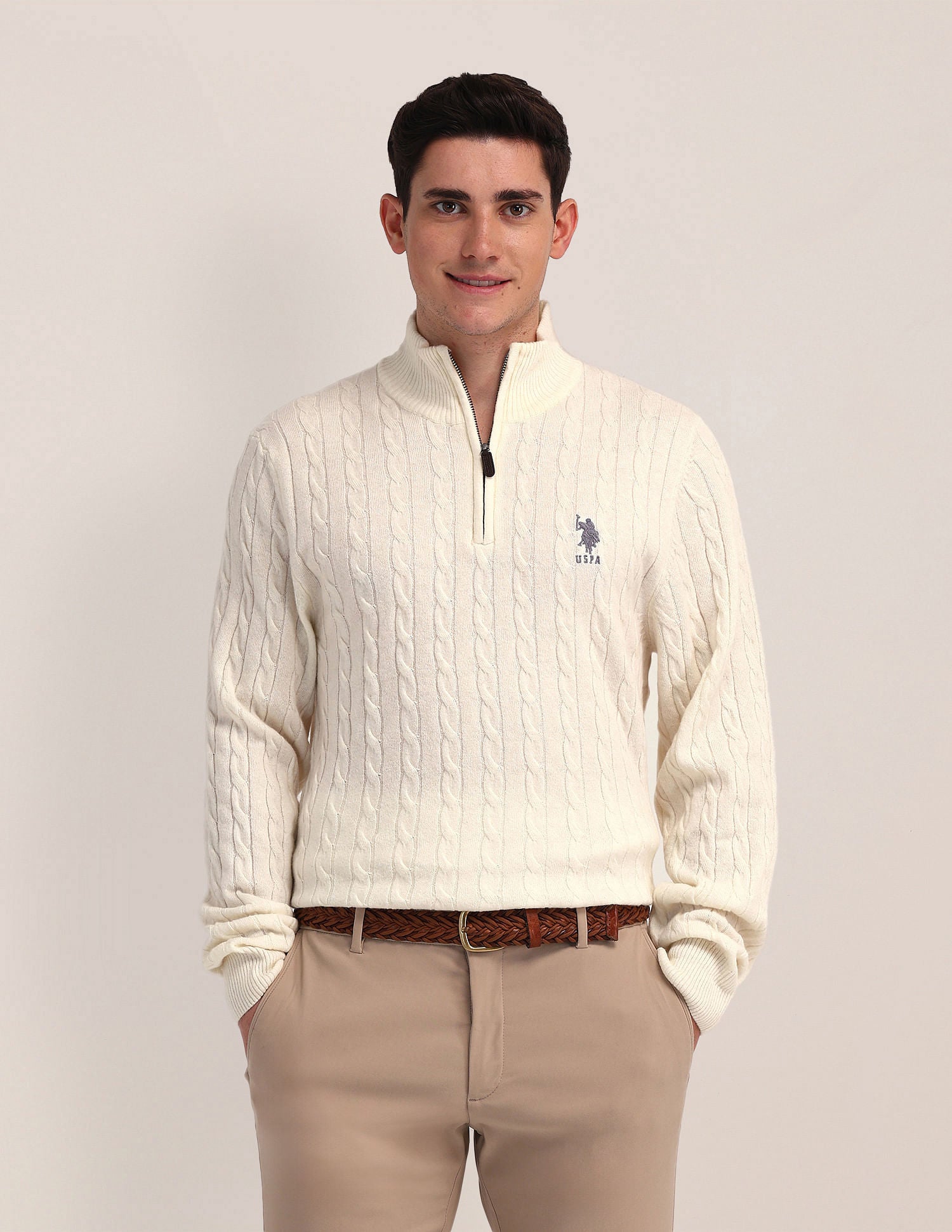 High Neck Zipper Sweater Off White - U.S. Polo Assn. India | Large