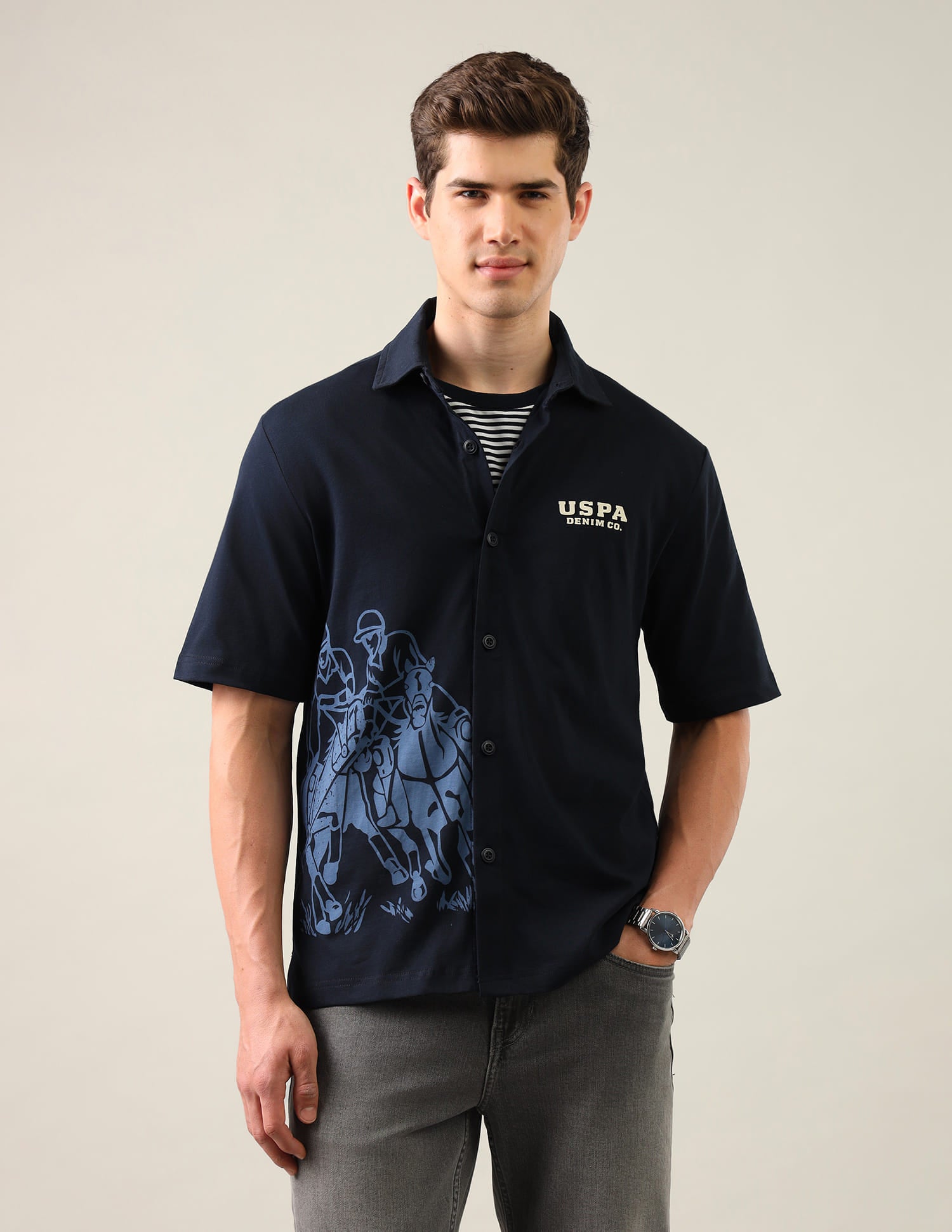 Graphic Brand Printed Knitted Shirt Blue - U.S. Polo Assn. India | Large