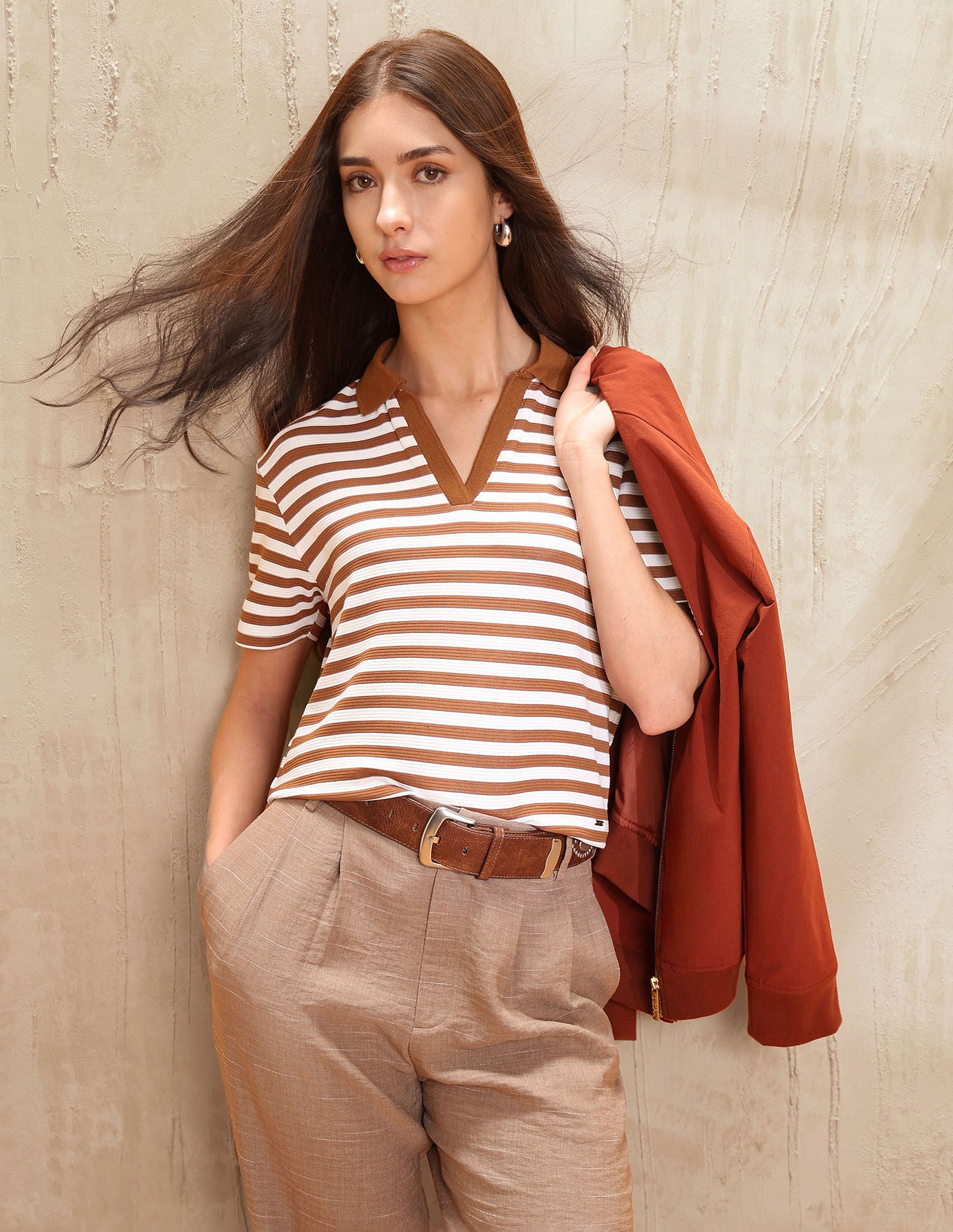 Relaxed Fit Vertical Striped Polo Shirt Brown - U.S. Polo Assn. India | Large