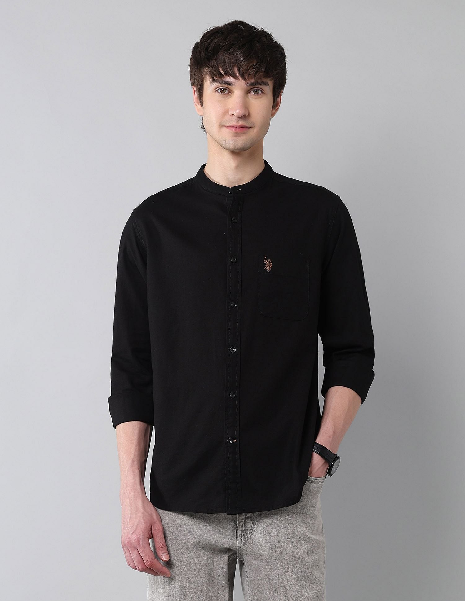 Solid Slub Mandarin Collar Shirt