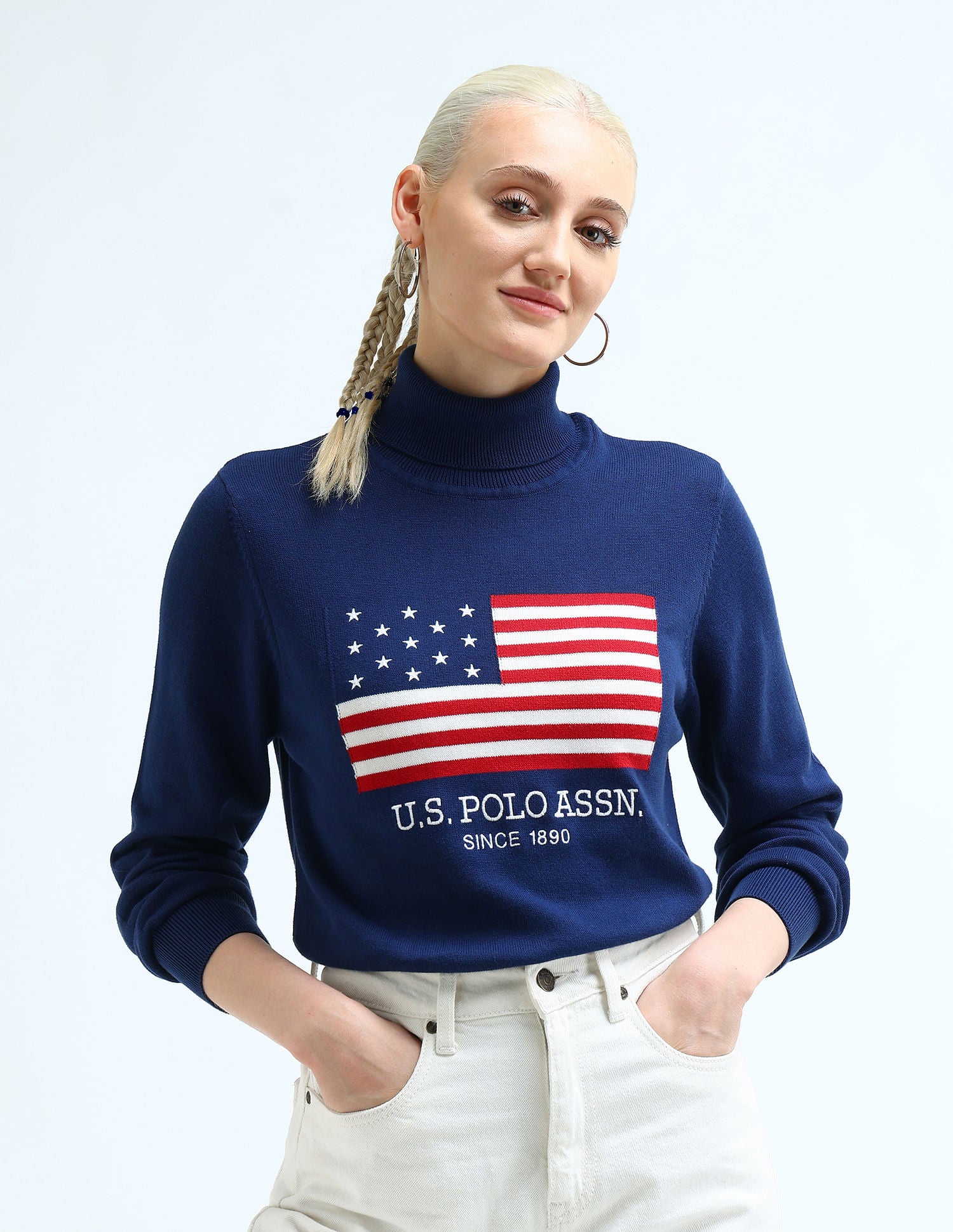 Brand Printed Turtle Neck Sweater Navy - U.S. Polo Assn. India | Large