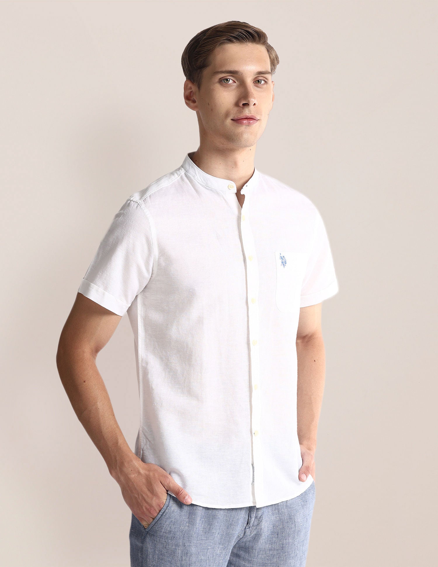 Mandarin Collar Linen Blend Shirt White - U.S. Polo Assn. India | Large