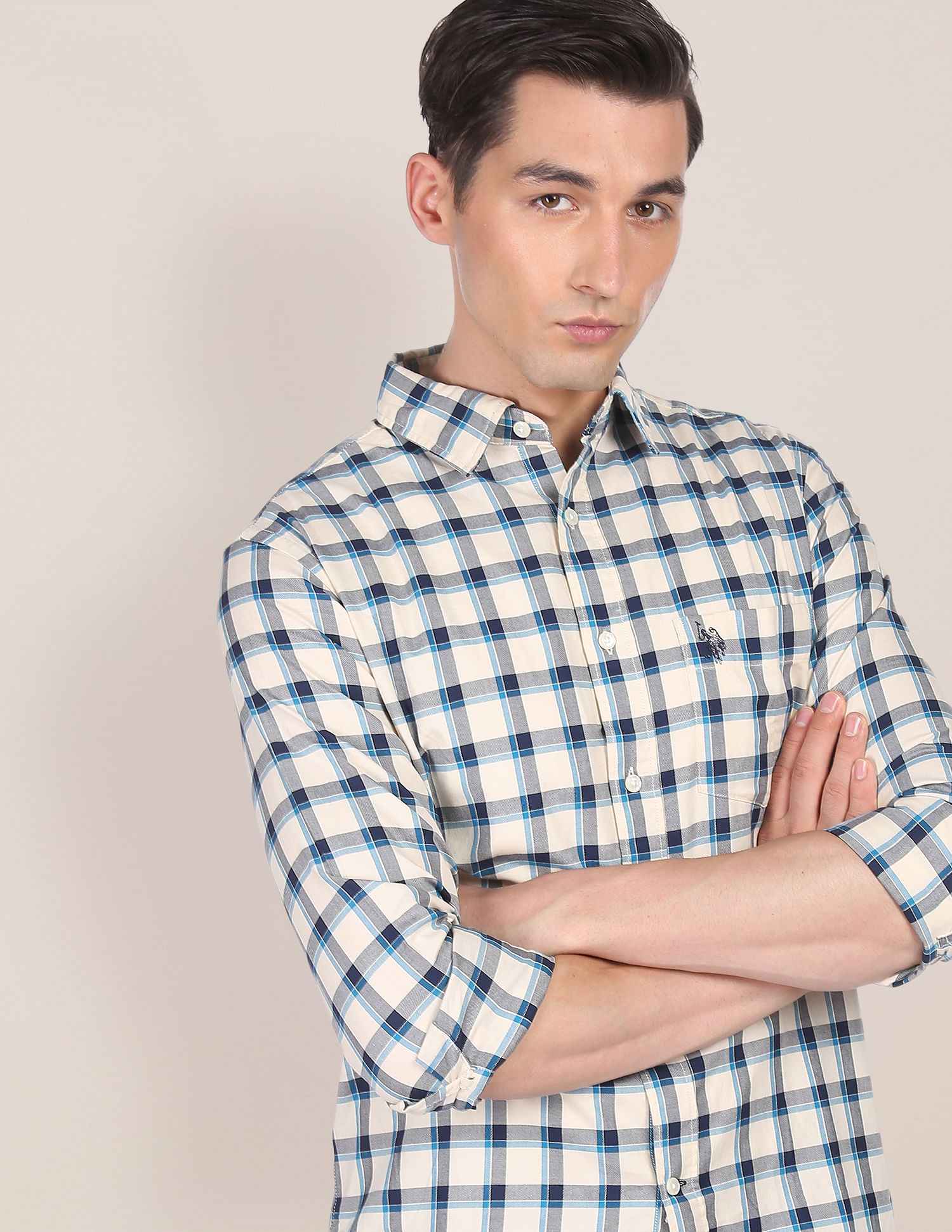 Men Off White Spread Collar Check Casual Shirt Off White - U.S. POLO ASSN. | Large