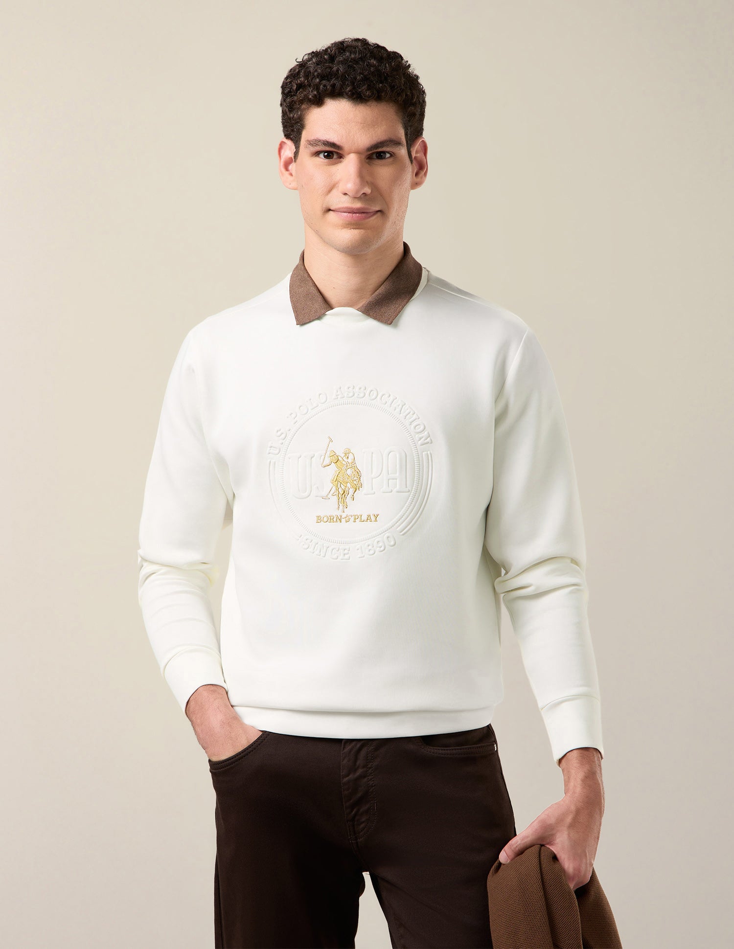 Brand Embossed Slim Fit Sweatshirt Off White - U.S. Polo Assn. India | Large