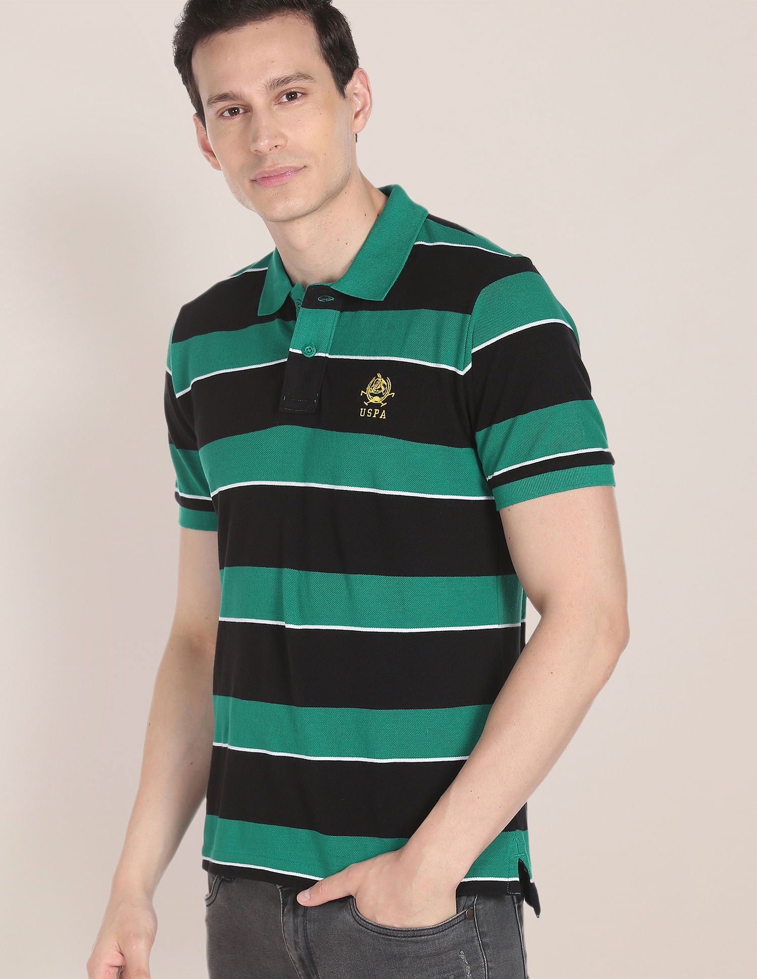 Horizontal Stripe Pique Knit Cotton Polo Shirt Green - U.S. Polo Assn. India | Large