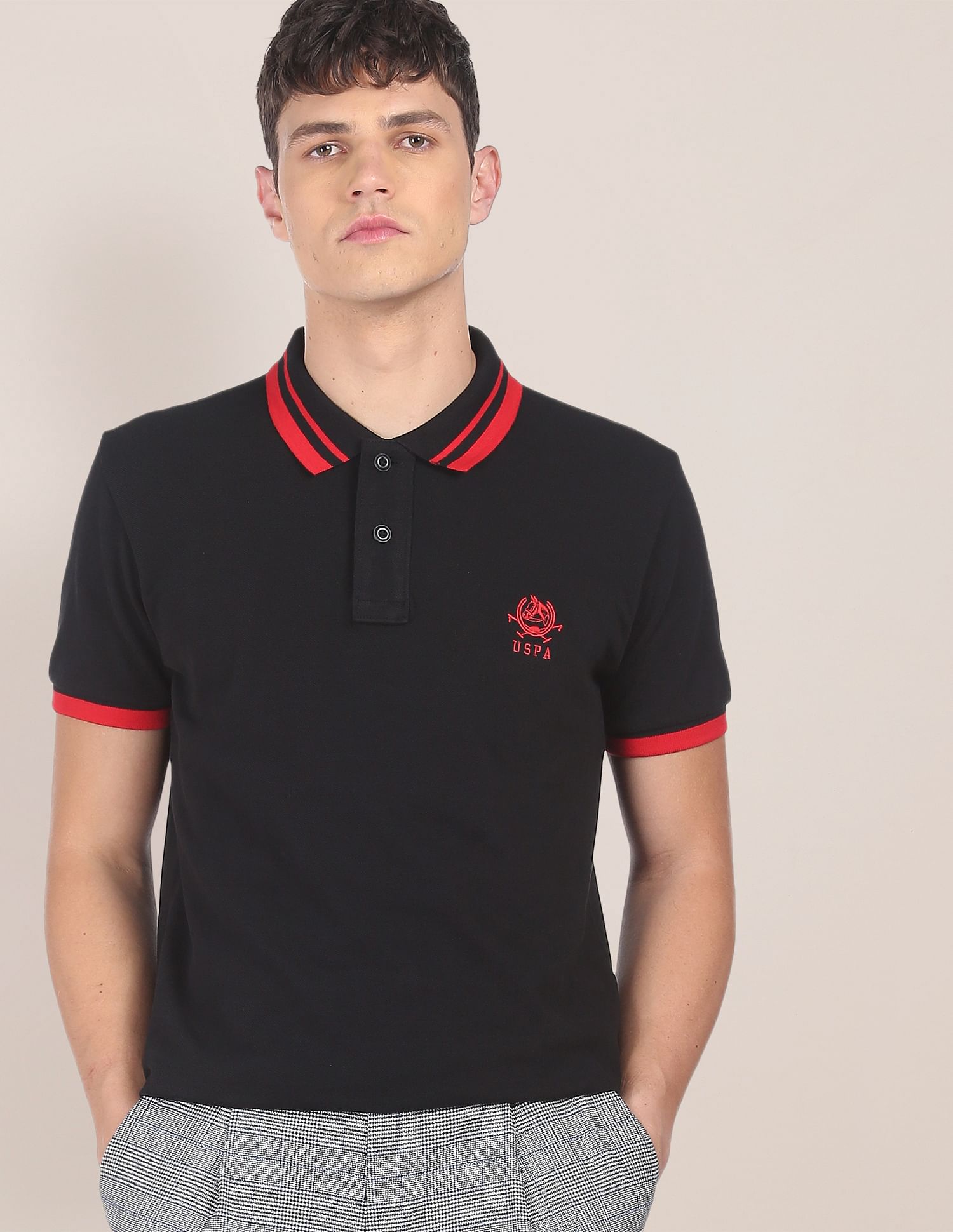 Men Black Cotton Solid Polo Shirt Black - U.S. POLO ASSN. | Large