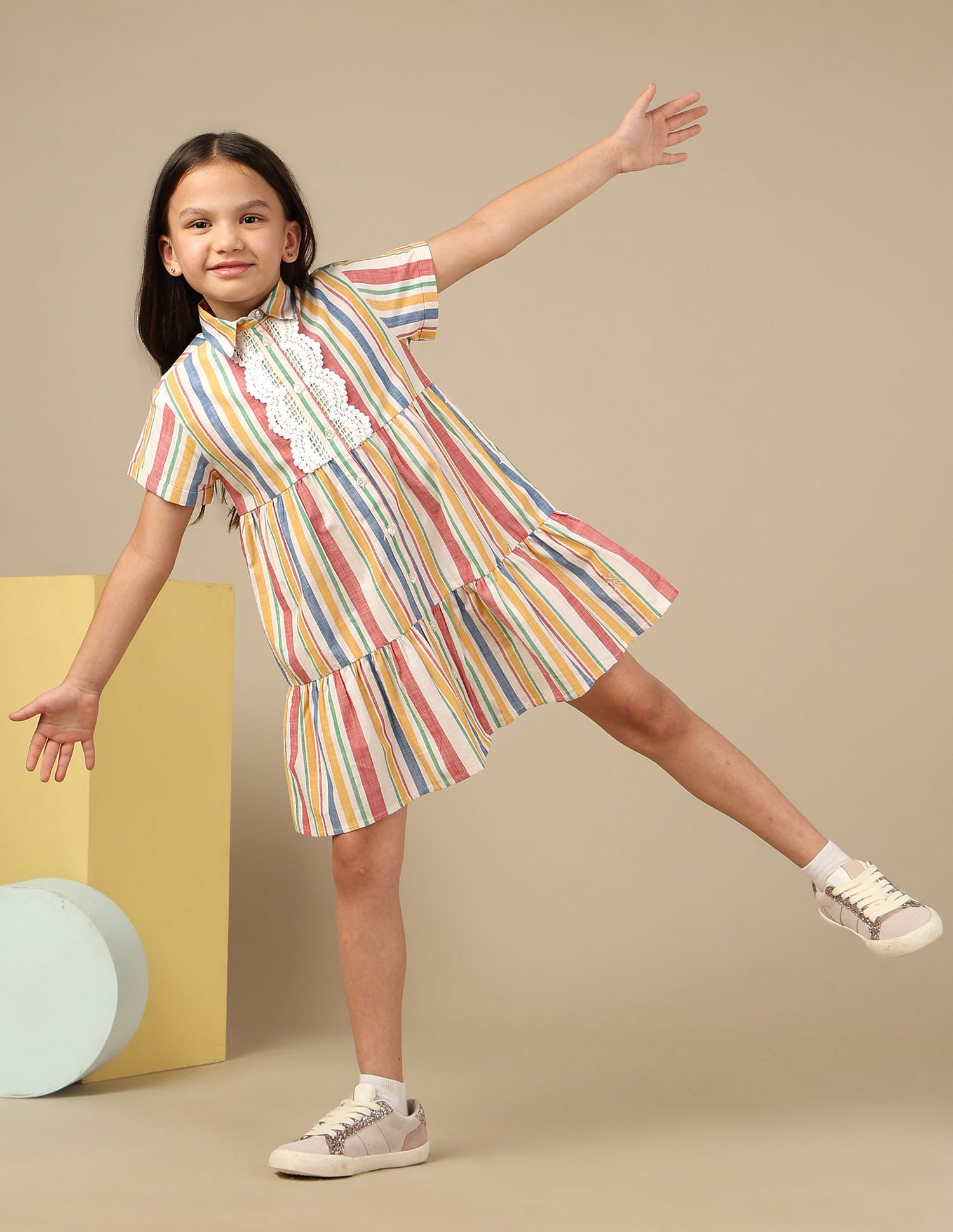 Girls Vertical Striped Lace A-Line Dress Multi-colour - U.S. POLO ASSN. | Large