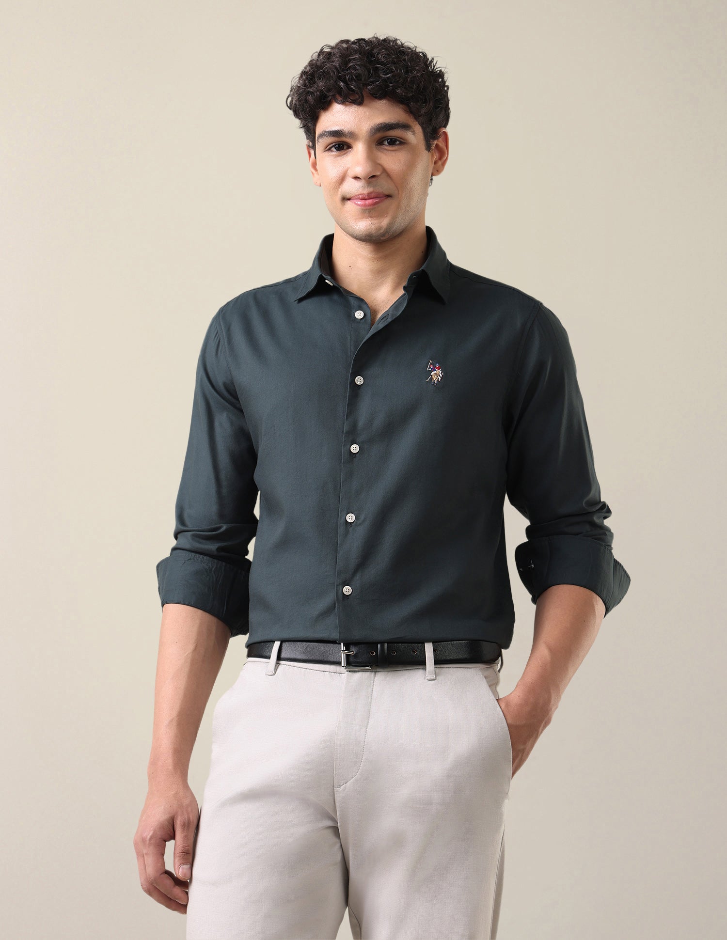 Twill Regular Fit Shirt Dark Green - U.S. Polo Assn. India | Large