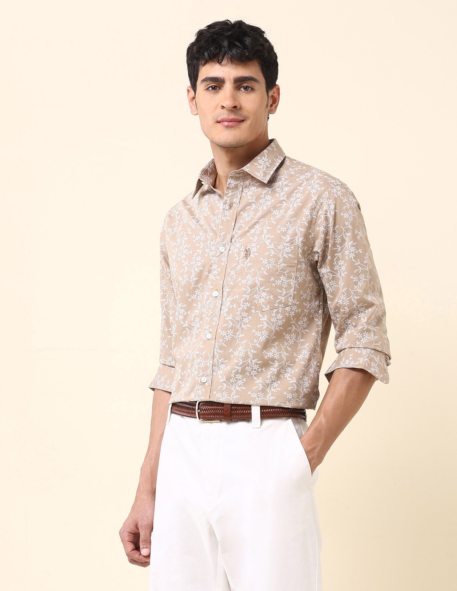 Pure Cotton Floral Printed Shirt Khaki - U.S. Polo Assn. India | Large
