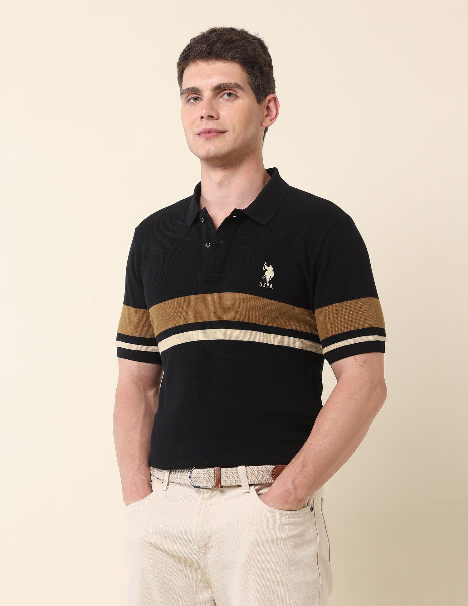 Horizontal Striped Modern Monochrome Polo Shirt Black - U.S. Polo Assn. India | Large