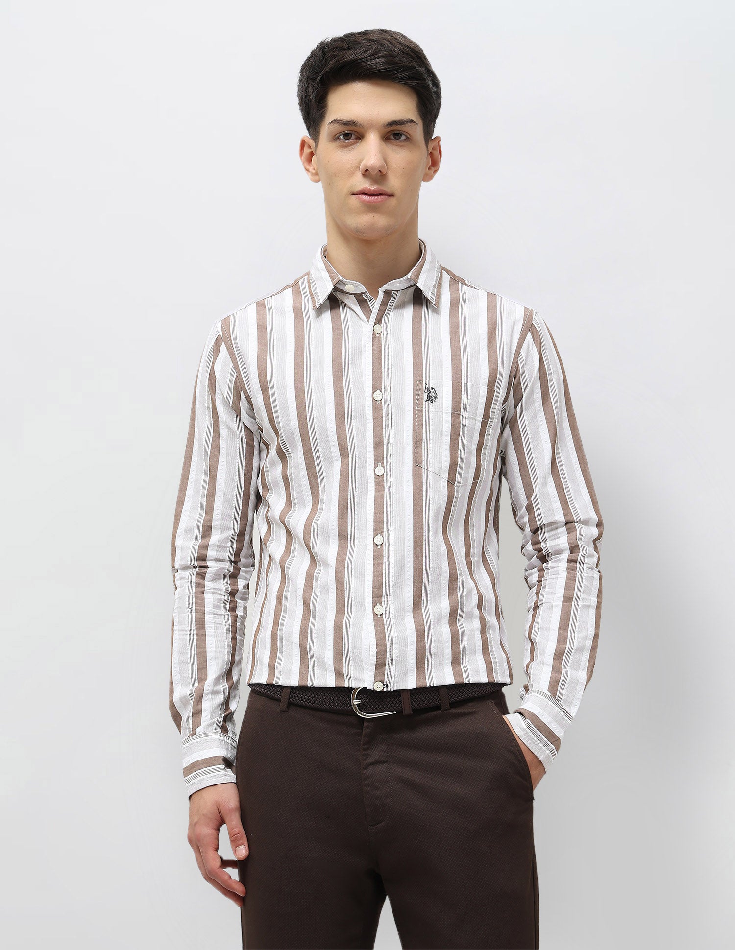Vertical Striped Seersucker Shirt Brown - U.S. Polo Assn. India | Large