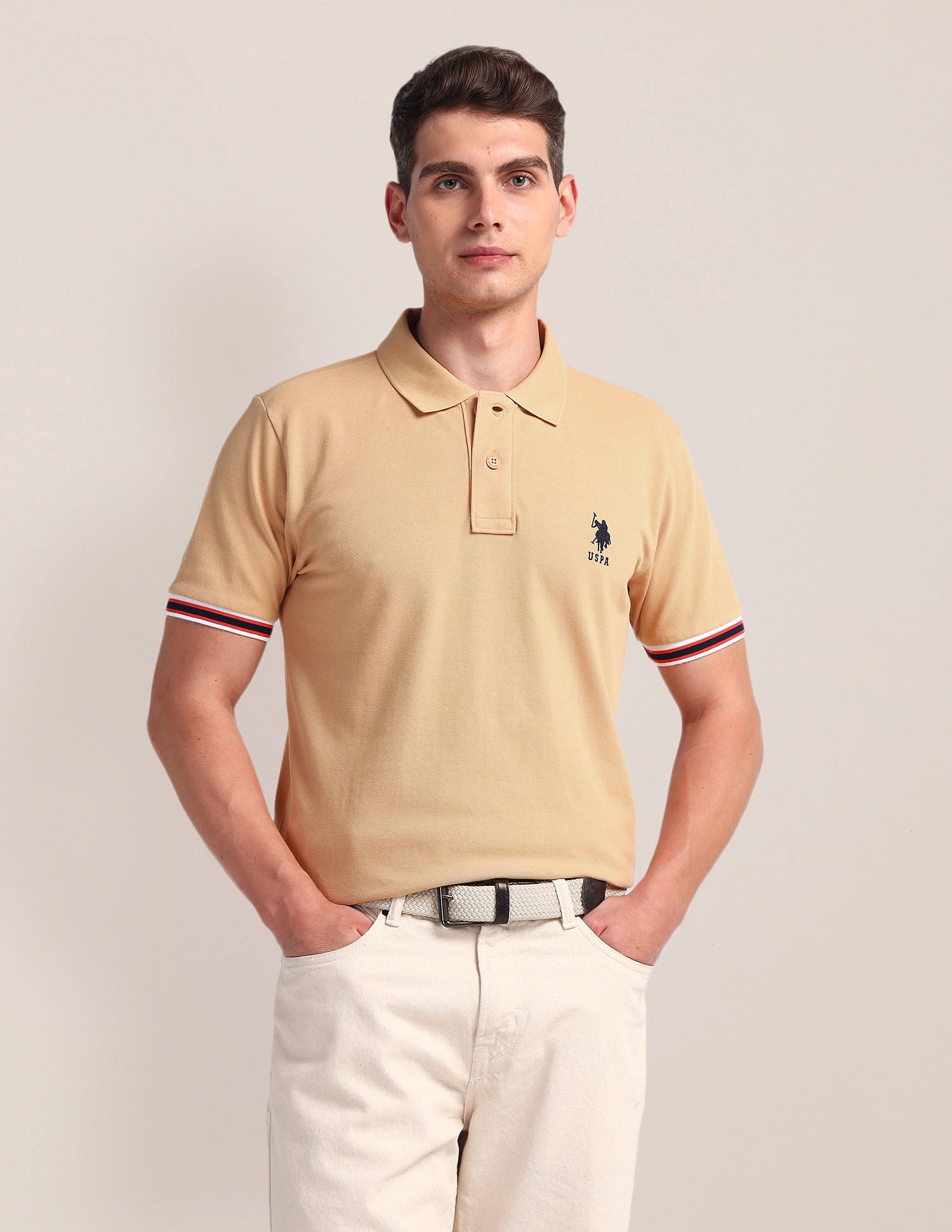 Tipped Sleeve Hem Slim Polo Shirt Beige - U.S. Polo Assn. India | Large