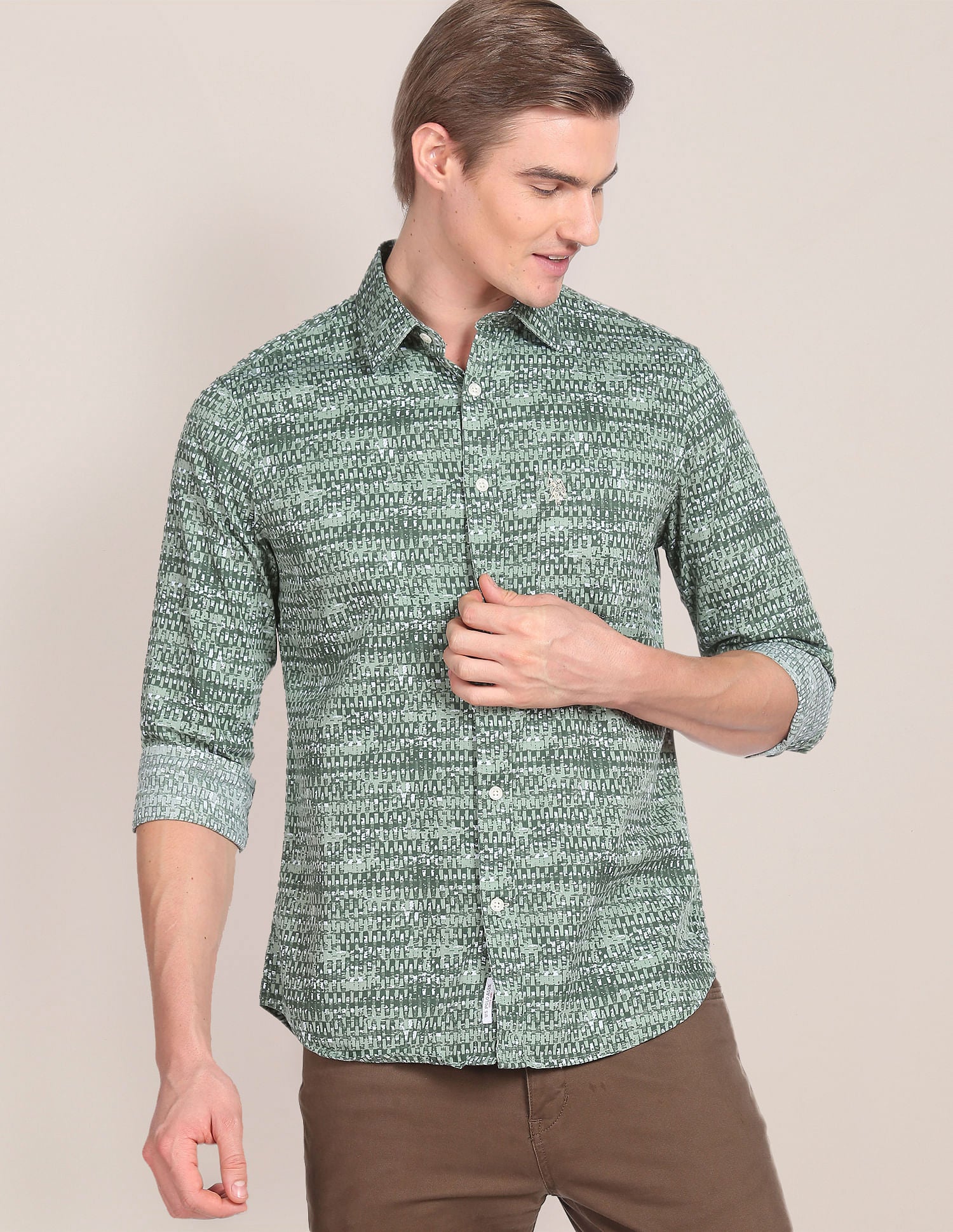 Abstract Print Cotton Twill Shirt Green - U.S. POLO ASSN. | Large