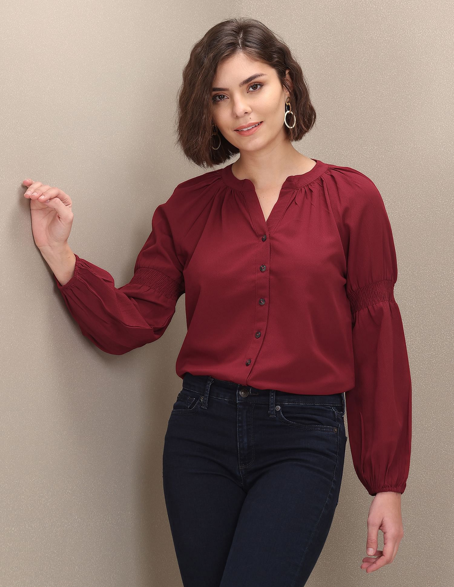 Mandarin Collar Peasant Sleeve Evening Top