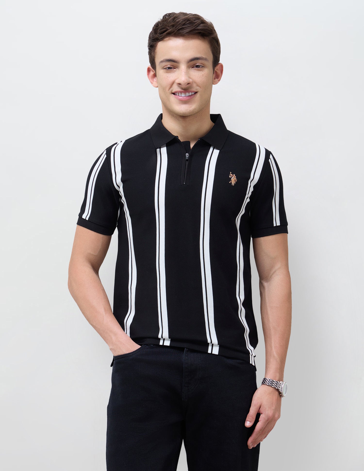 Vertical Striped Slim Fit Polo Shirt Black - U.S. Polo Assn. India | Large