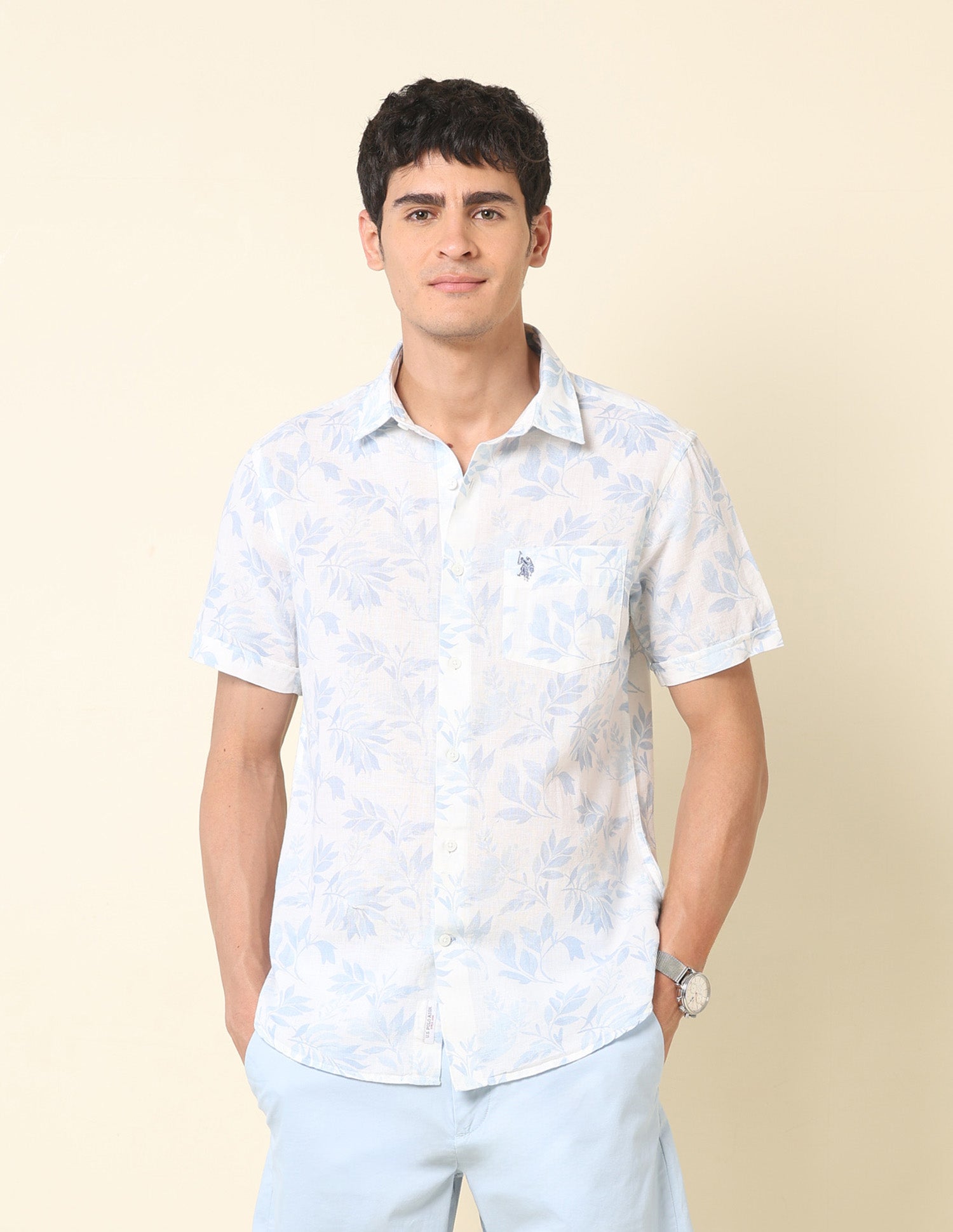 Tropical Printed Tailored Fit Shirt Light Blue - U.S. Polo Assn. India | Large