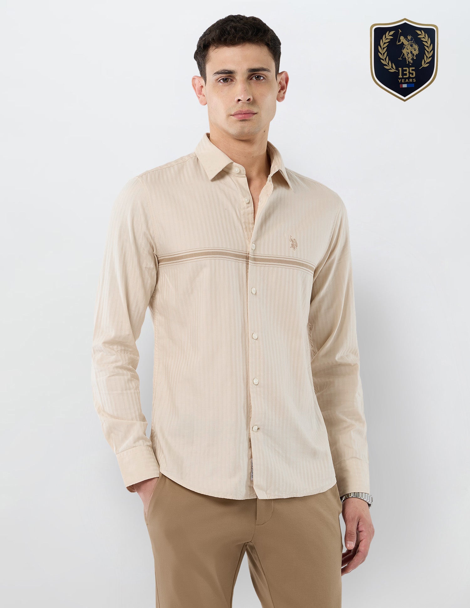 Tailored Fit Vertical Striped Shirt Beige - U.S. POLO ASSN. | Large