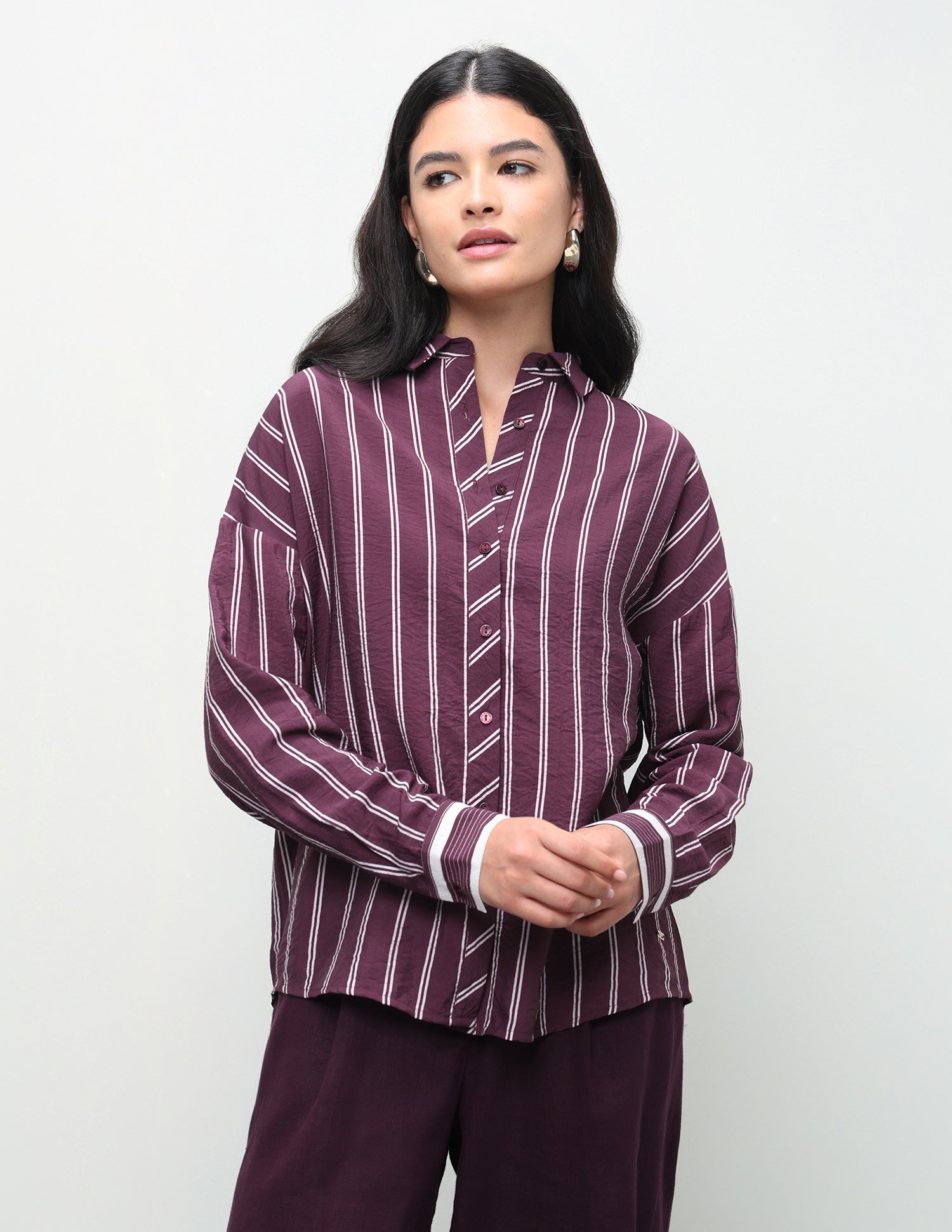 Vertical Striped Boyfriend Fit Shirt Wine - U.S. Polo Assn. India | Large