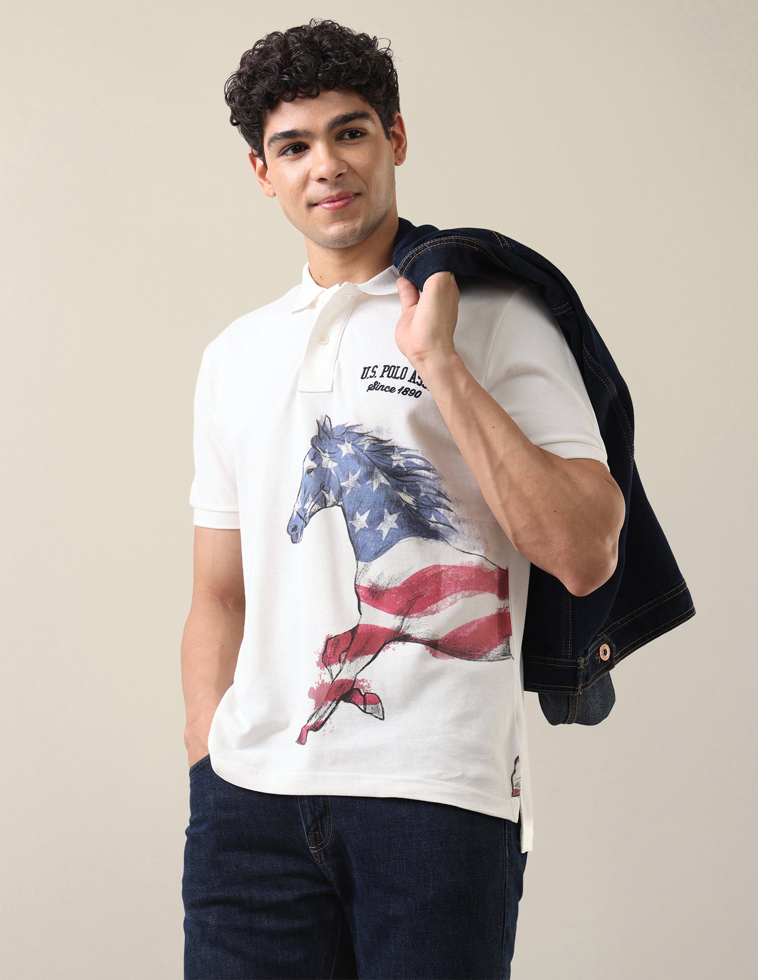 Graphic Brand Printed Slim Fit Polo Shirt Ivory - U.S. Polo Assn. India | Large