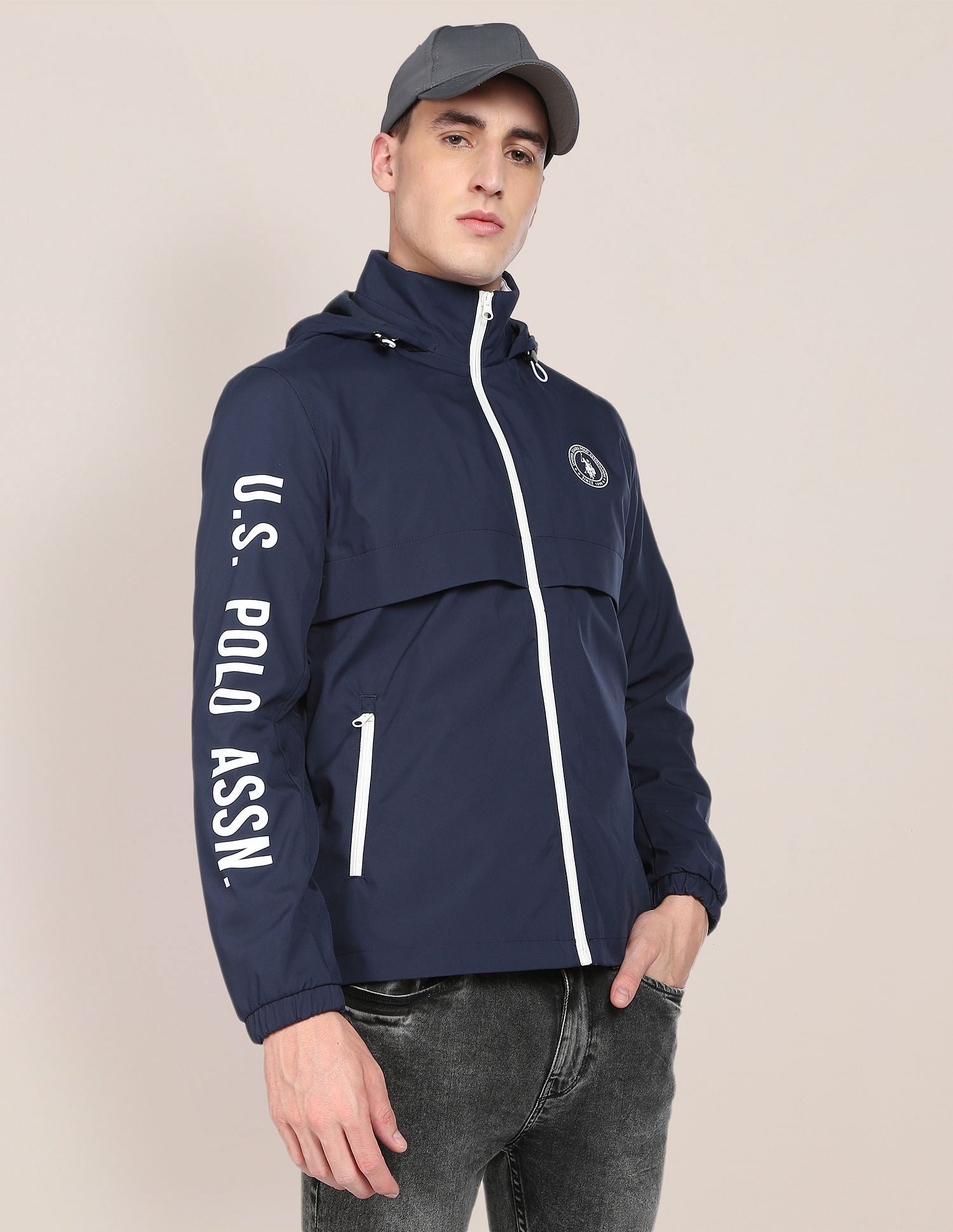 Brand Print Detachable Hood Casual Jacket Navy - U.S. POLO ASSN. | Large